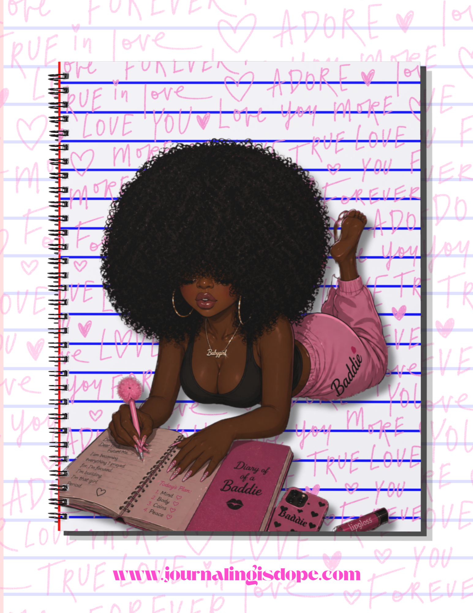 Notebook cover with illustration of a woman writing and text on a pink background