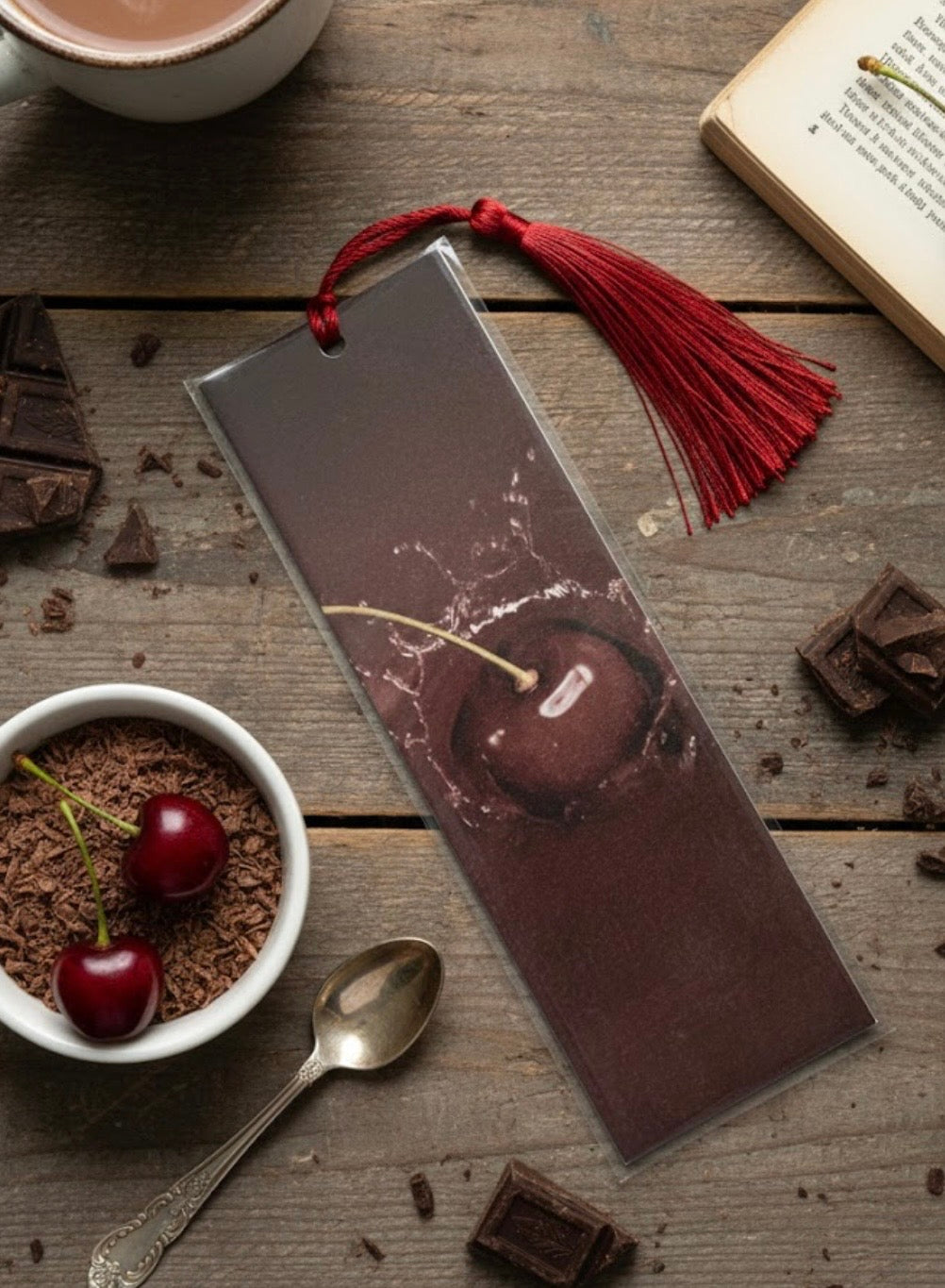 Chocolate-themed bookmark with cherry design on a wooden surface with chocolate pieces and a cup.