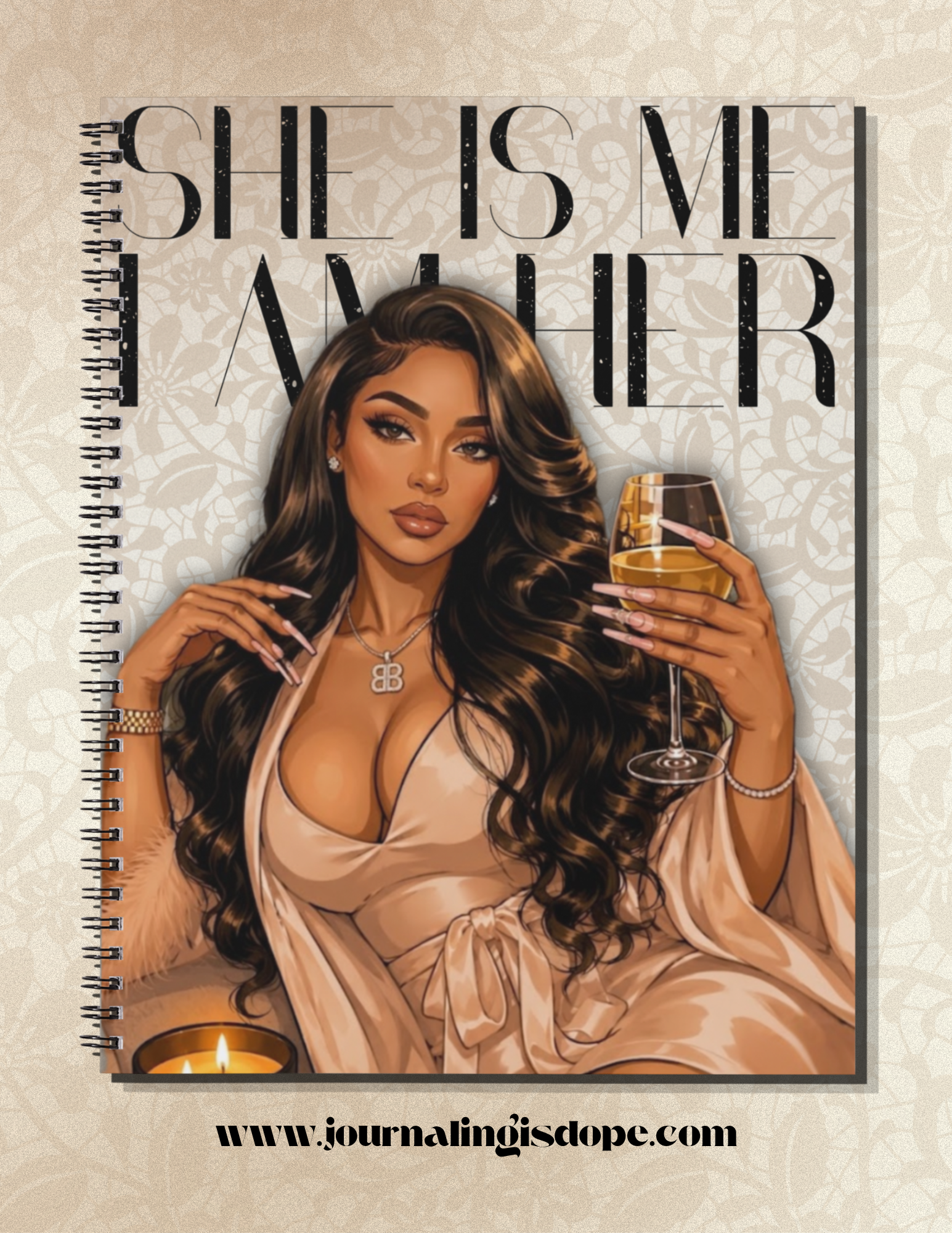 Spiral-bound notebook with a woman holding a glass of wine and the text 'SHE IS ME FASTER' on a textured beige background.