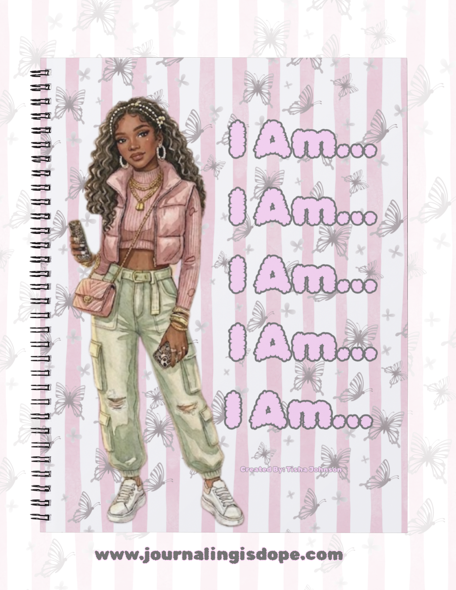 Notebook cover with a person in a pink jacket and green pants on a striped background with 'I Am' text.
