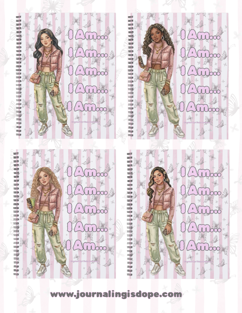 Notebook with illustrations of a person and text 'I Am...' on a pink and white striped background.