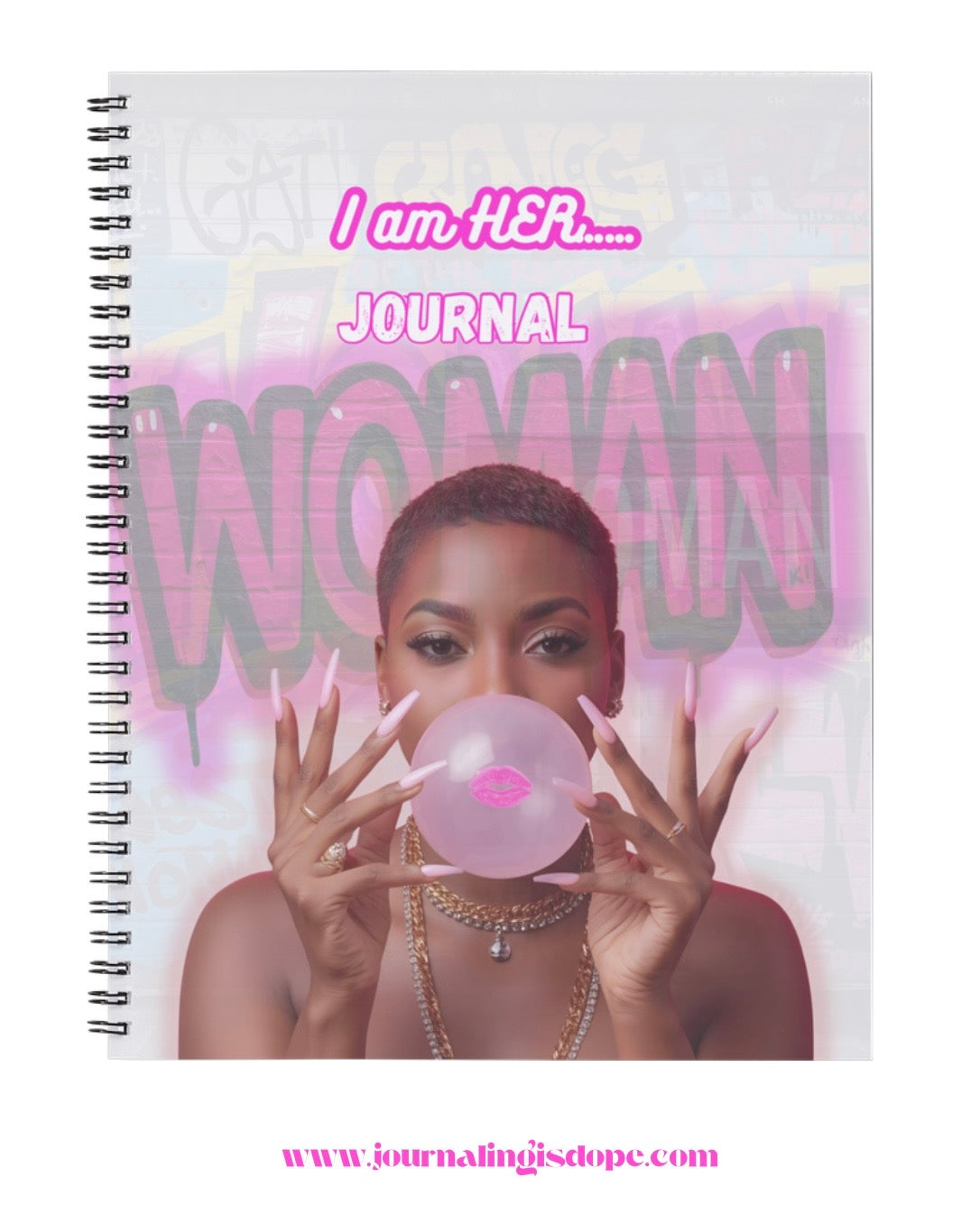 Journal with a woman holding a pink balloon and text on the cover