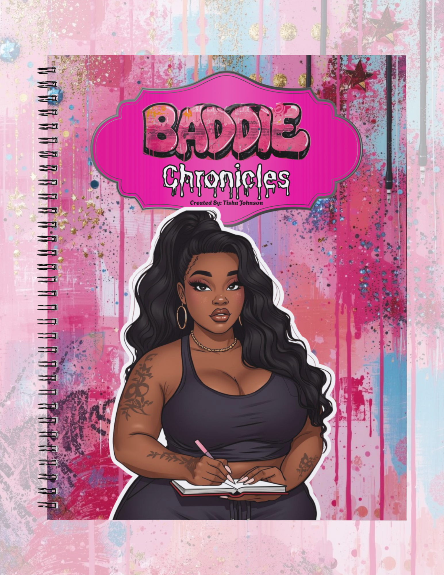 Notebook cover with illustration of a woman and 'Baddie Chronicles' text on a colorful background