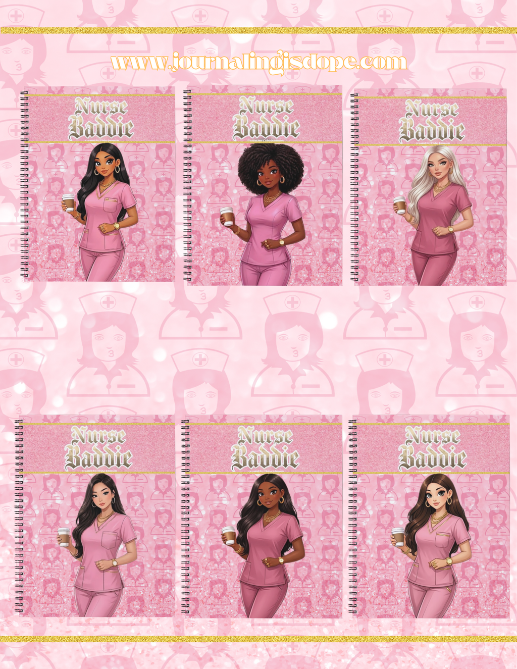 Set of notebooks with a character in pink outfit on a pink background with 'Nurse Baddie ' title.
