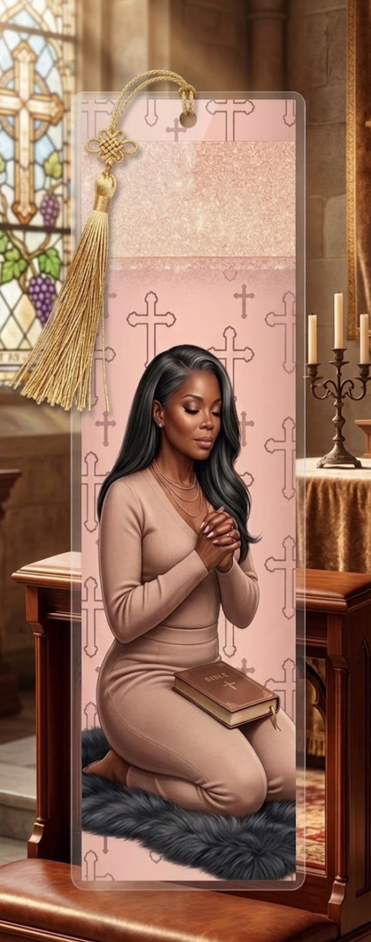 Bookmark with a Woman kneeling in prayer with a book in a church setting