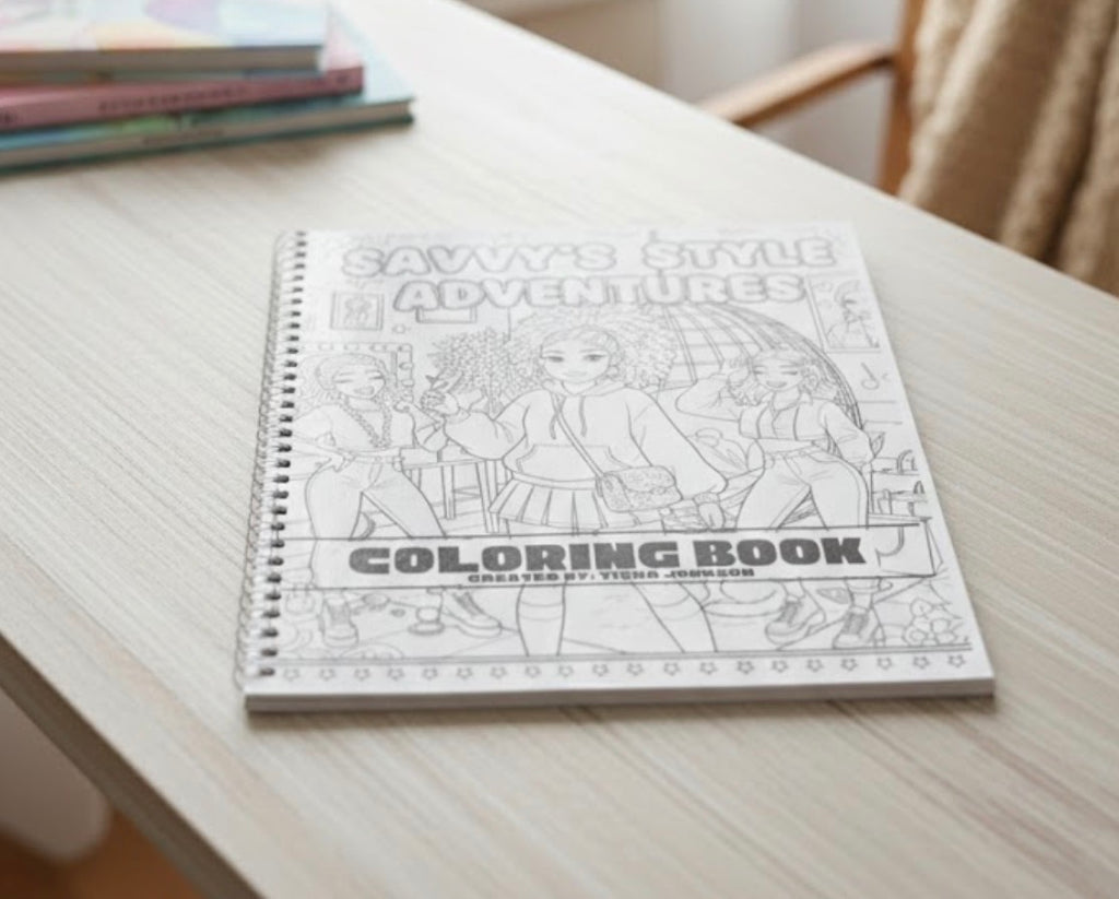 Coloring book titled 'Savvy Shade Adventures' on a wooden table