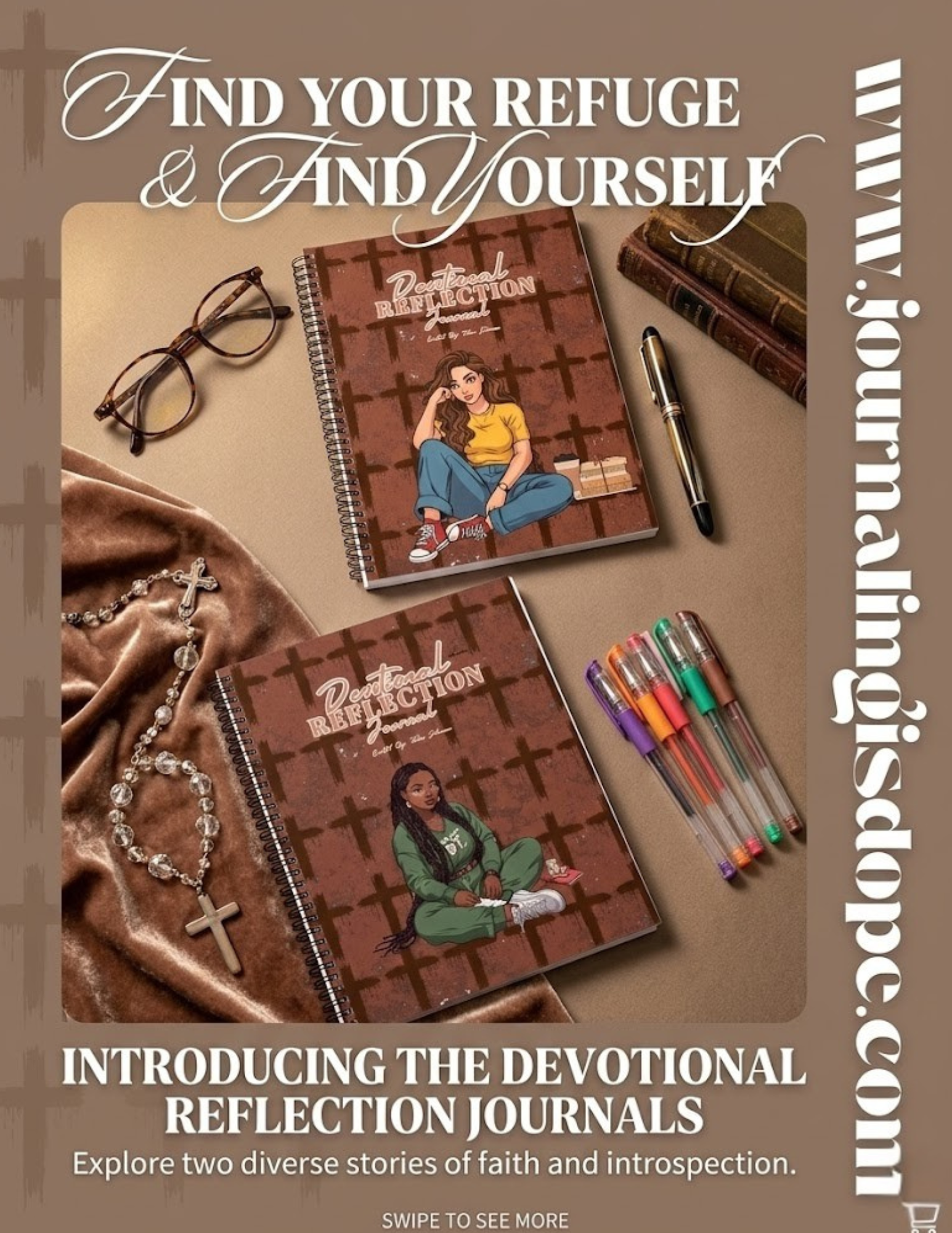 Devotional reflection journals with illustrations, pens, and glasses on a brown background.