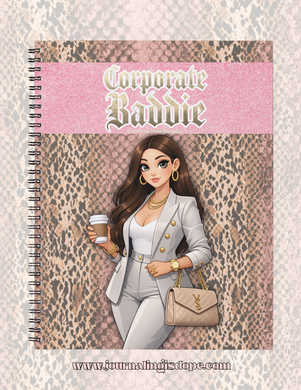 Notebook cover with illustration of a woman in a suit and coffee cup, titled 'Corporate Baddie'.