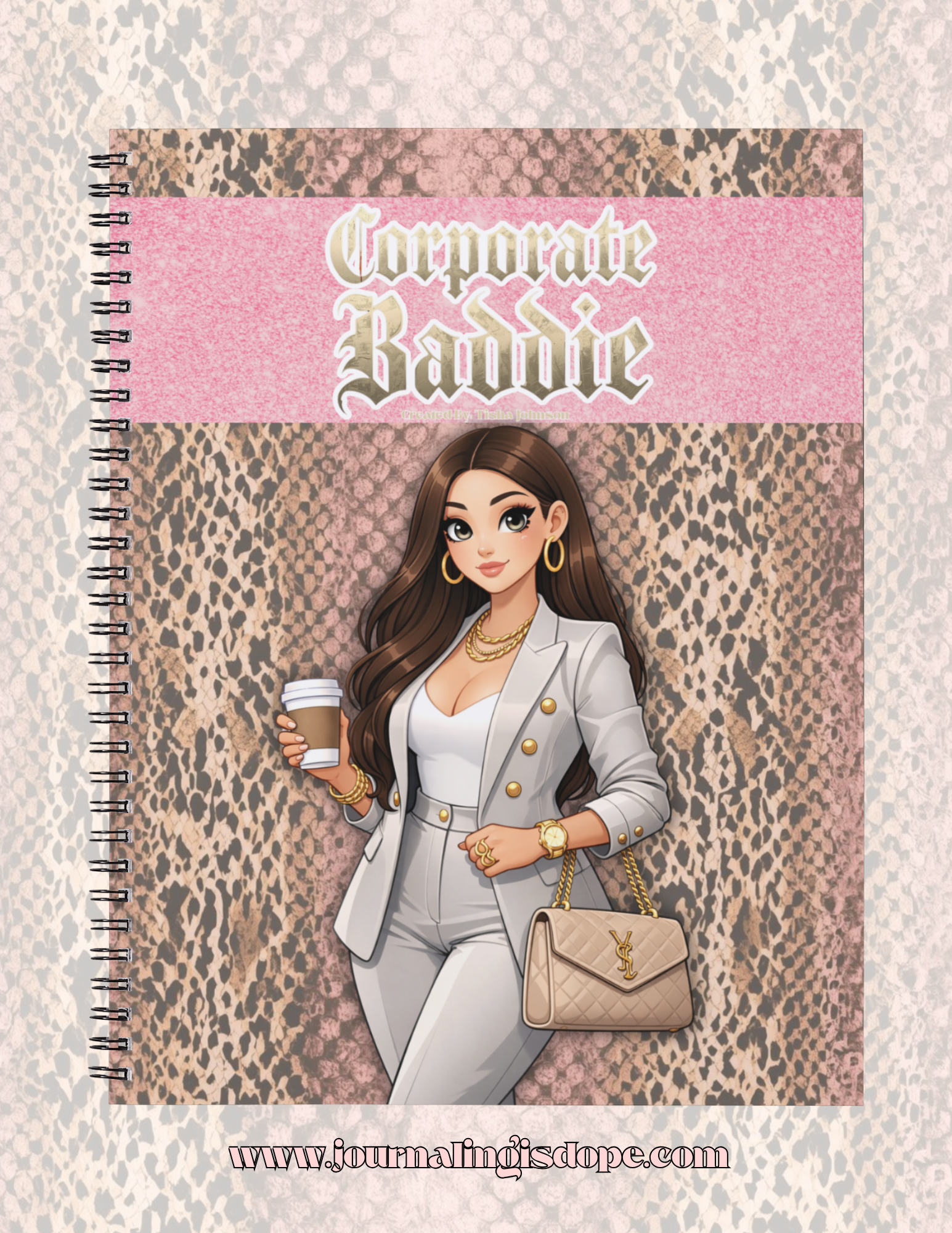 Notebook cover with illustration of a woman in a suit and coffee cup, titled 'Corporate Baddie'.