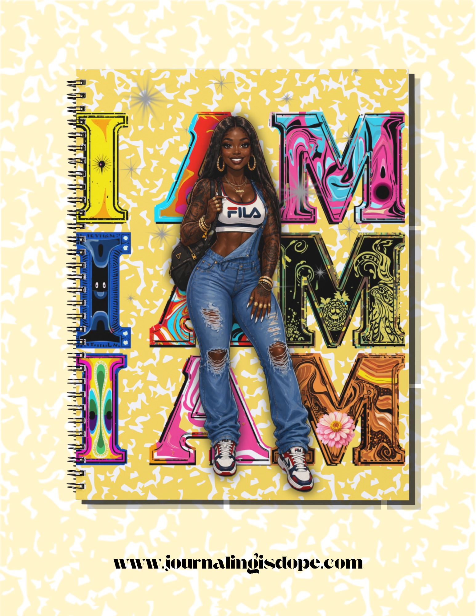 Notebook with a colorful design featuring a person and the text 'I AM I AM I' on a yellow background.