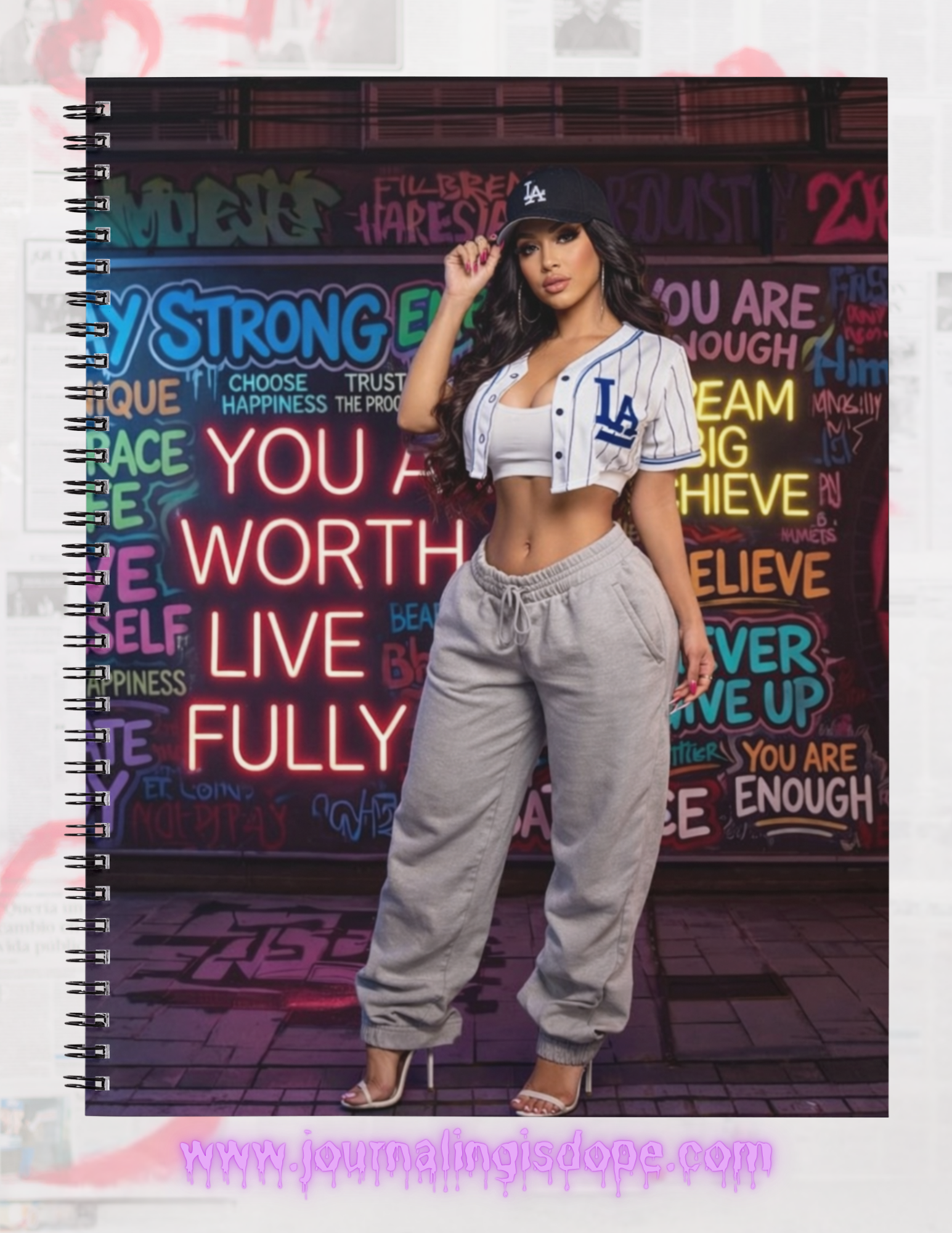 Notebook cover with a person wearing a sports outfit in front of a colorful motivational wall.
