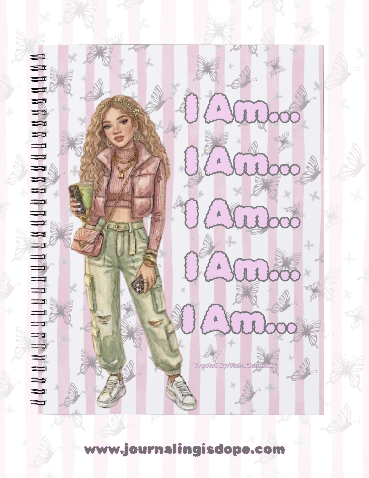 Notebook with a girl illustration and 'I Am...' text on a striped background