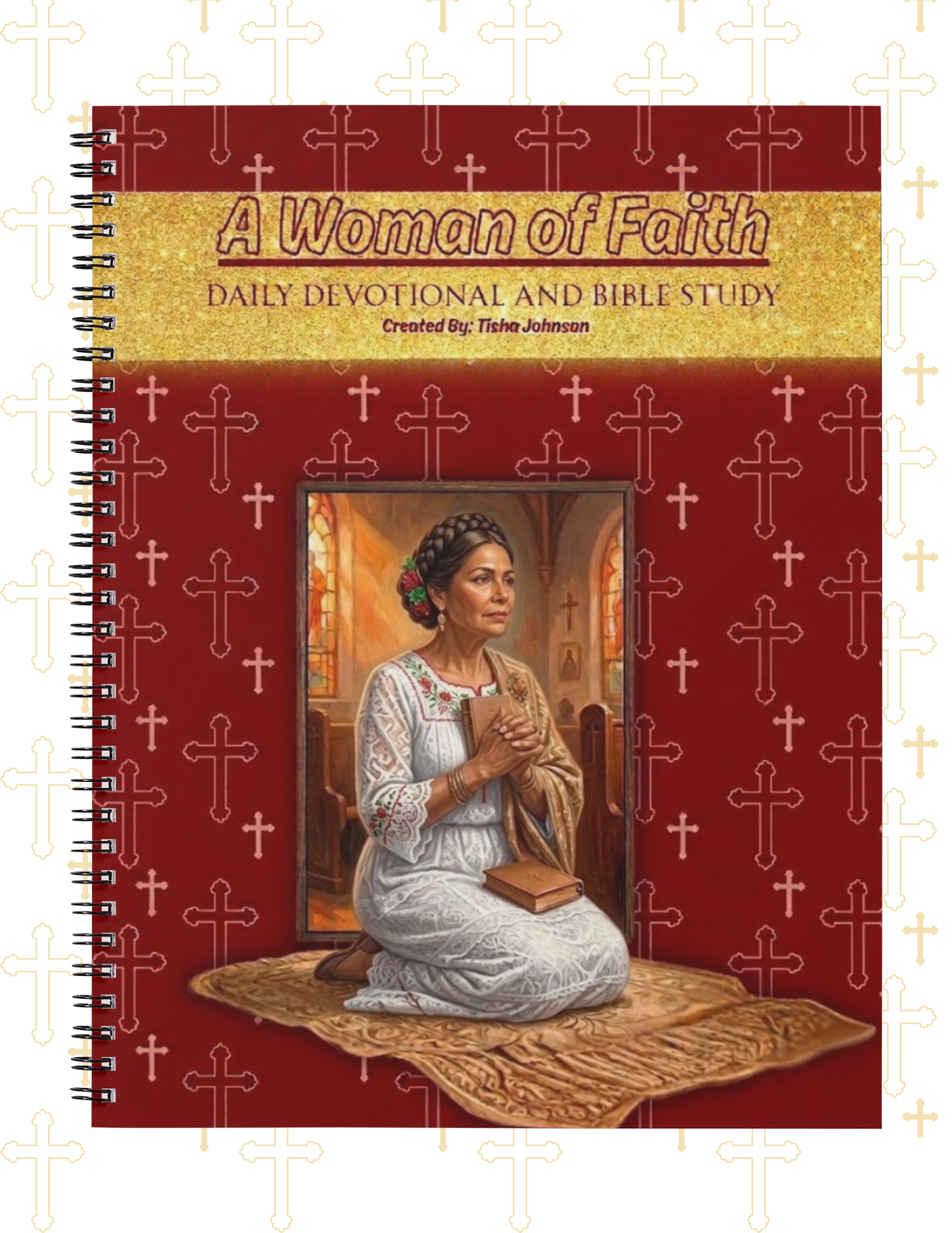 Daily devotional and Bible study book with a woman praying on the cover, featuring cross patterns.