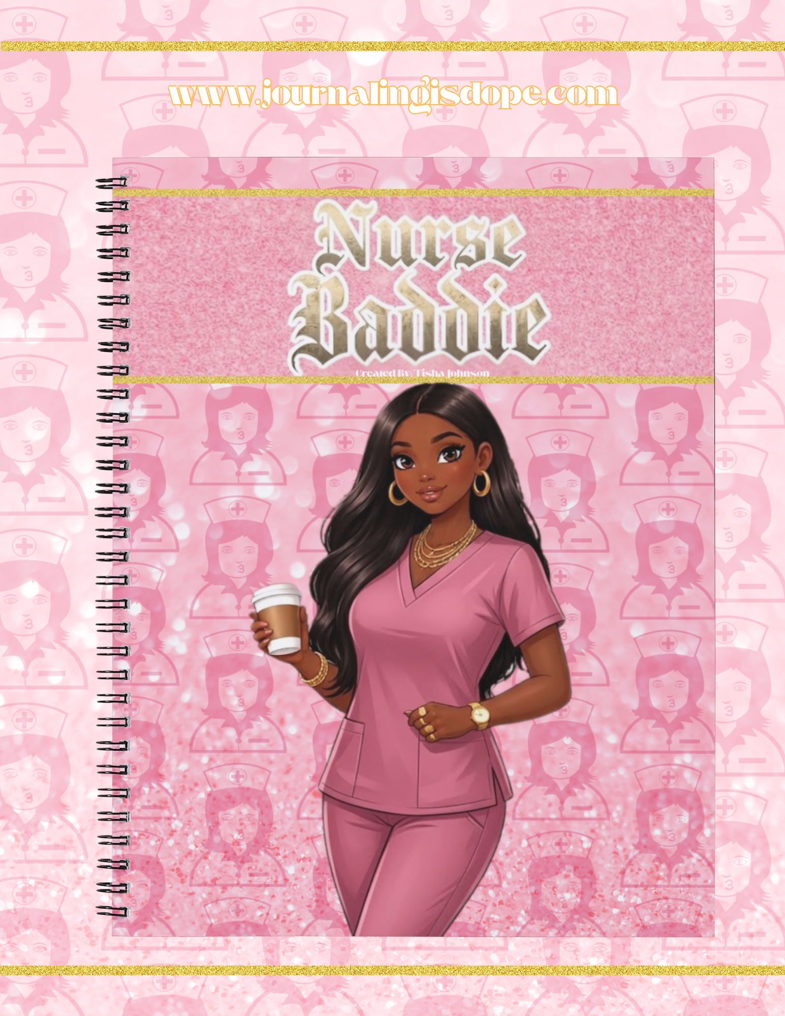 Notebook cover with a nurse character holding a coffee cup on a pink background with 'Nurse Baddie' text.