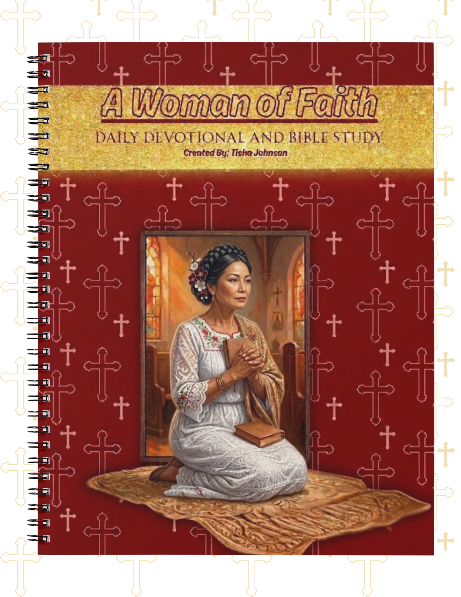 Book titled 'A Woman of Faith' with a cover featuring a woman praying on a red background with cross patterns.