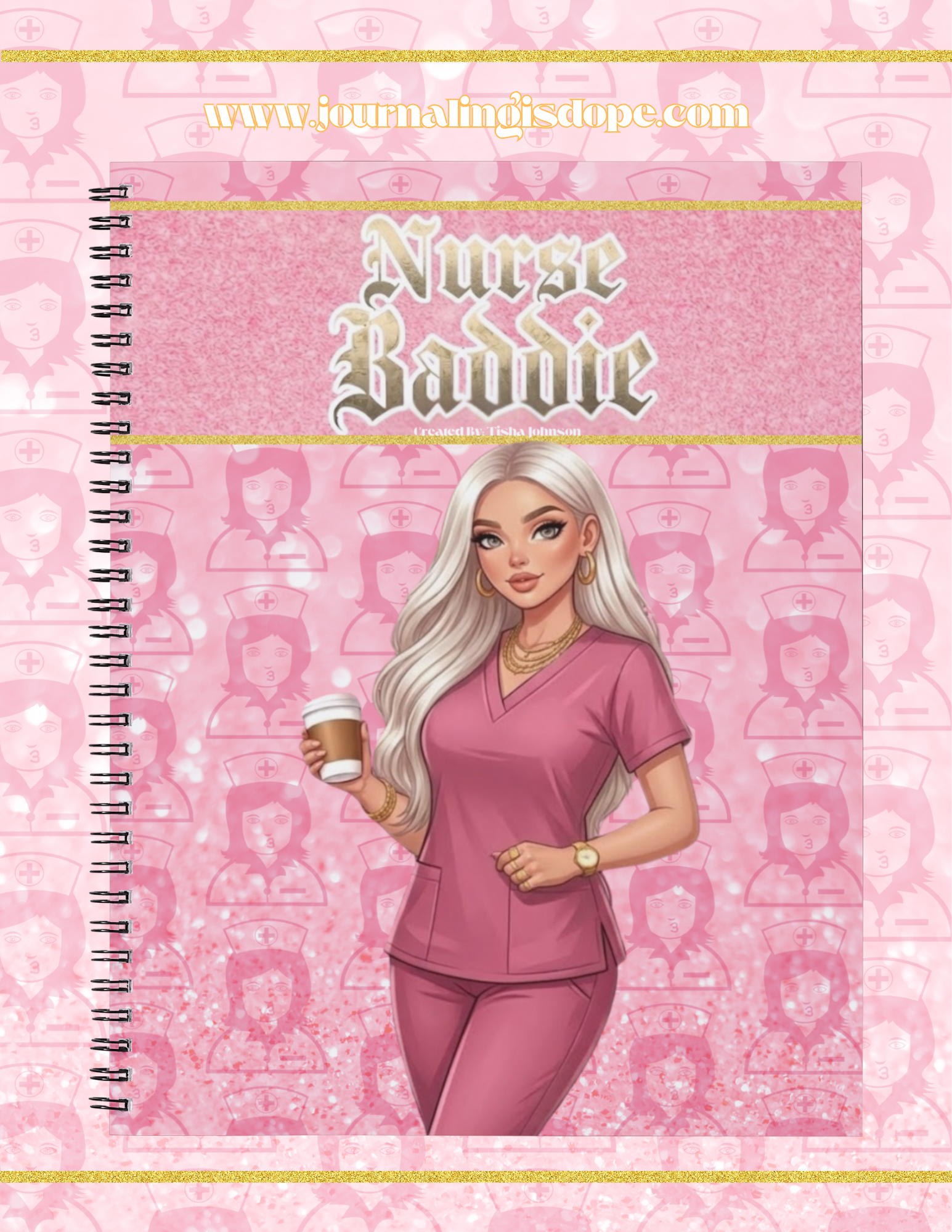 Journal with a nurse character on a pink background, featuring the text 'Nurse Baddie'.