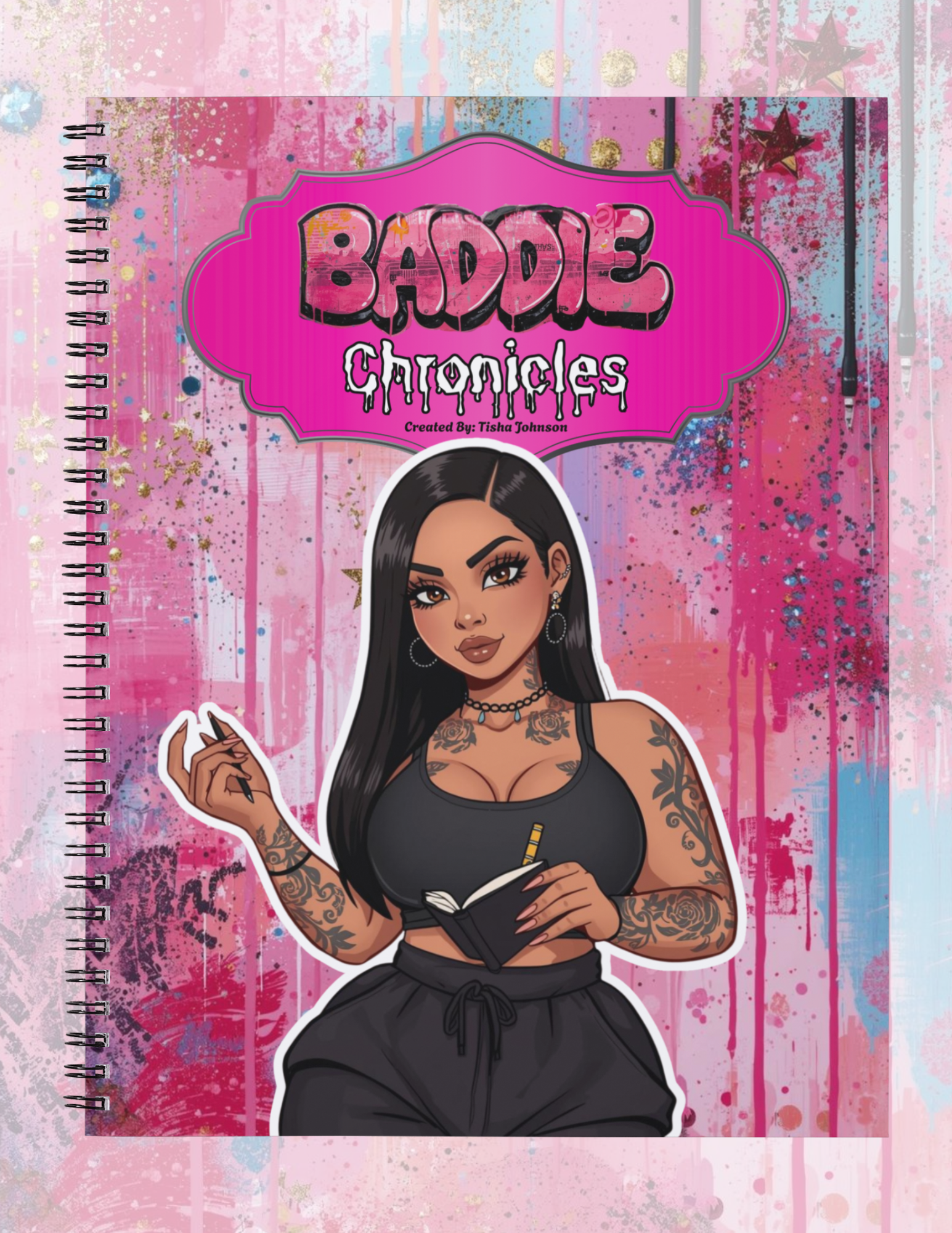 Notebook cover with an illustration of a person holding a book, titled 'Baddie Chronicles', on a colorful background.