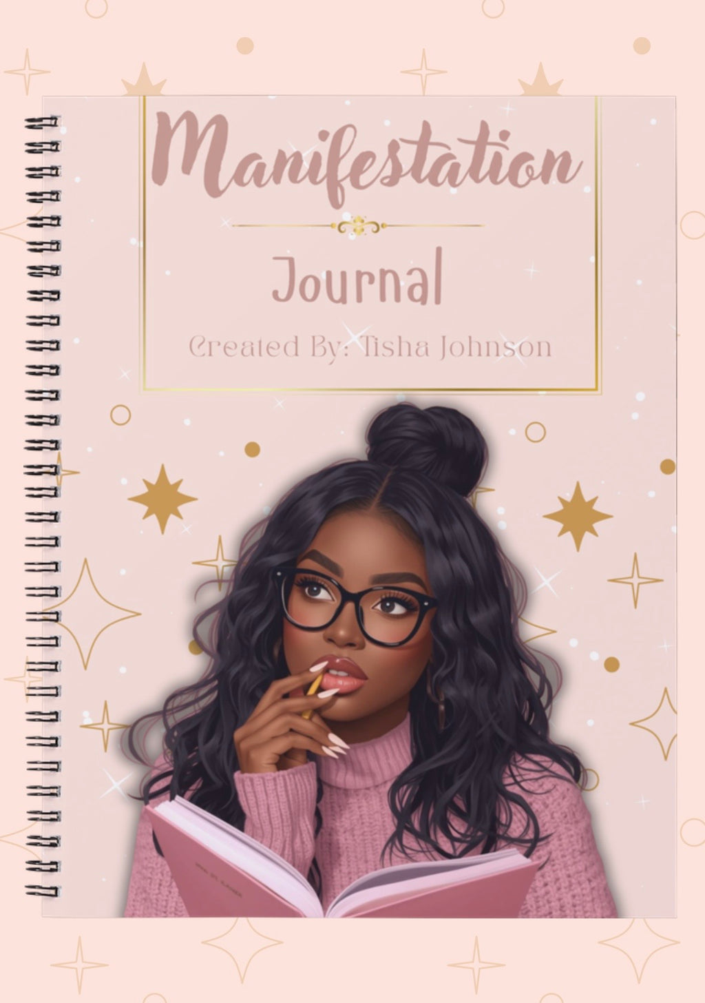 Manifestation Journal with illustration of a woman reading, on a light pink background with gold stars.
