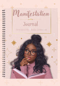 Manifestation Journal with illustration of a woman reading, on a light pink background with gold stars.