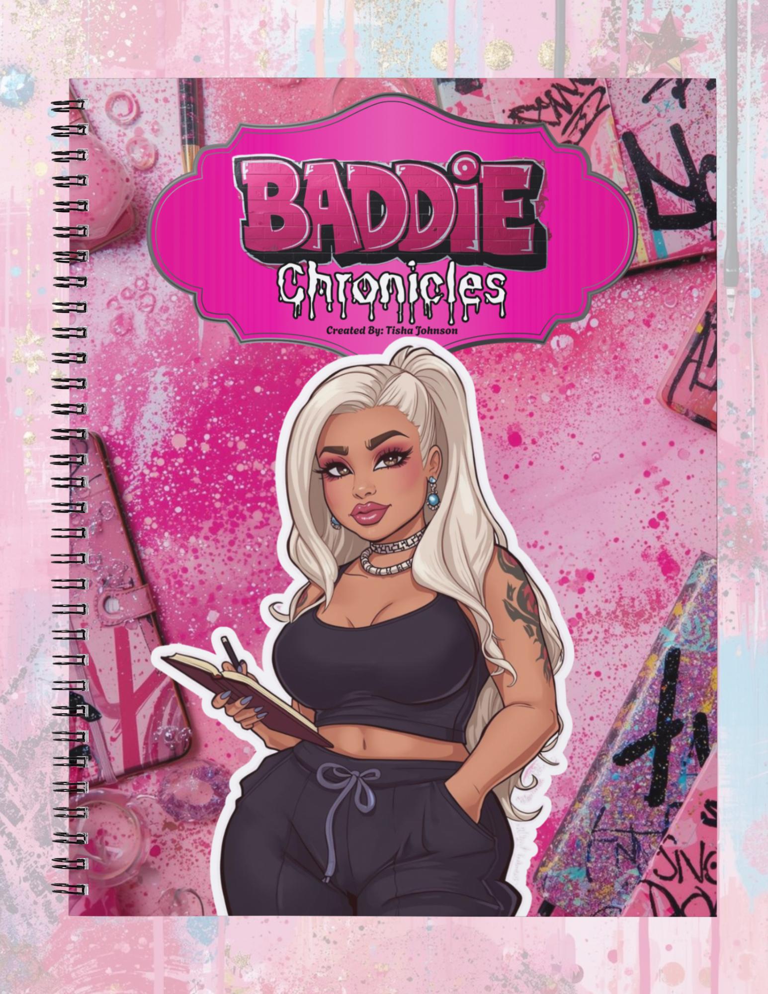 Notebook cover with 'Baddie Chronicles' title and illustration of a woman on a pink background