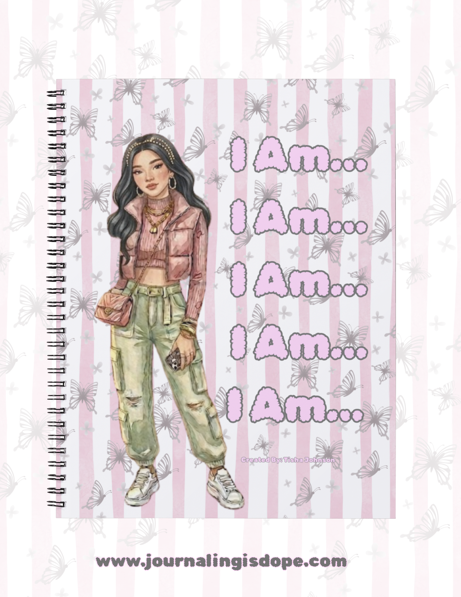 Notebook with a illustration of a person and text 'I Am' on a striped background