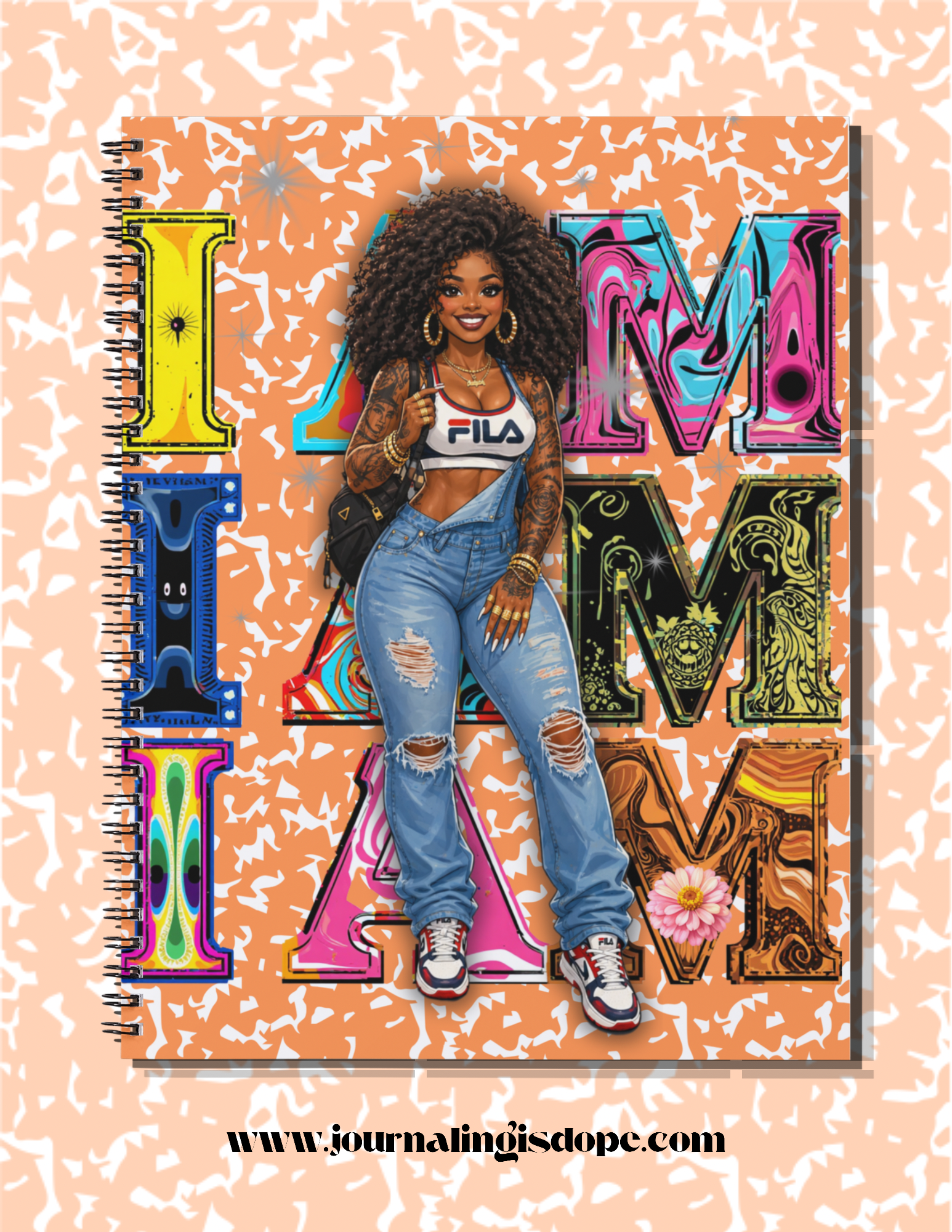 Notebook with a colorful design featuring a person and text on a patterned background