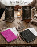 Collection of books and stationery items on a wooden table with 'His & Her Collection' text.