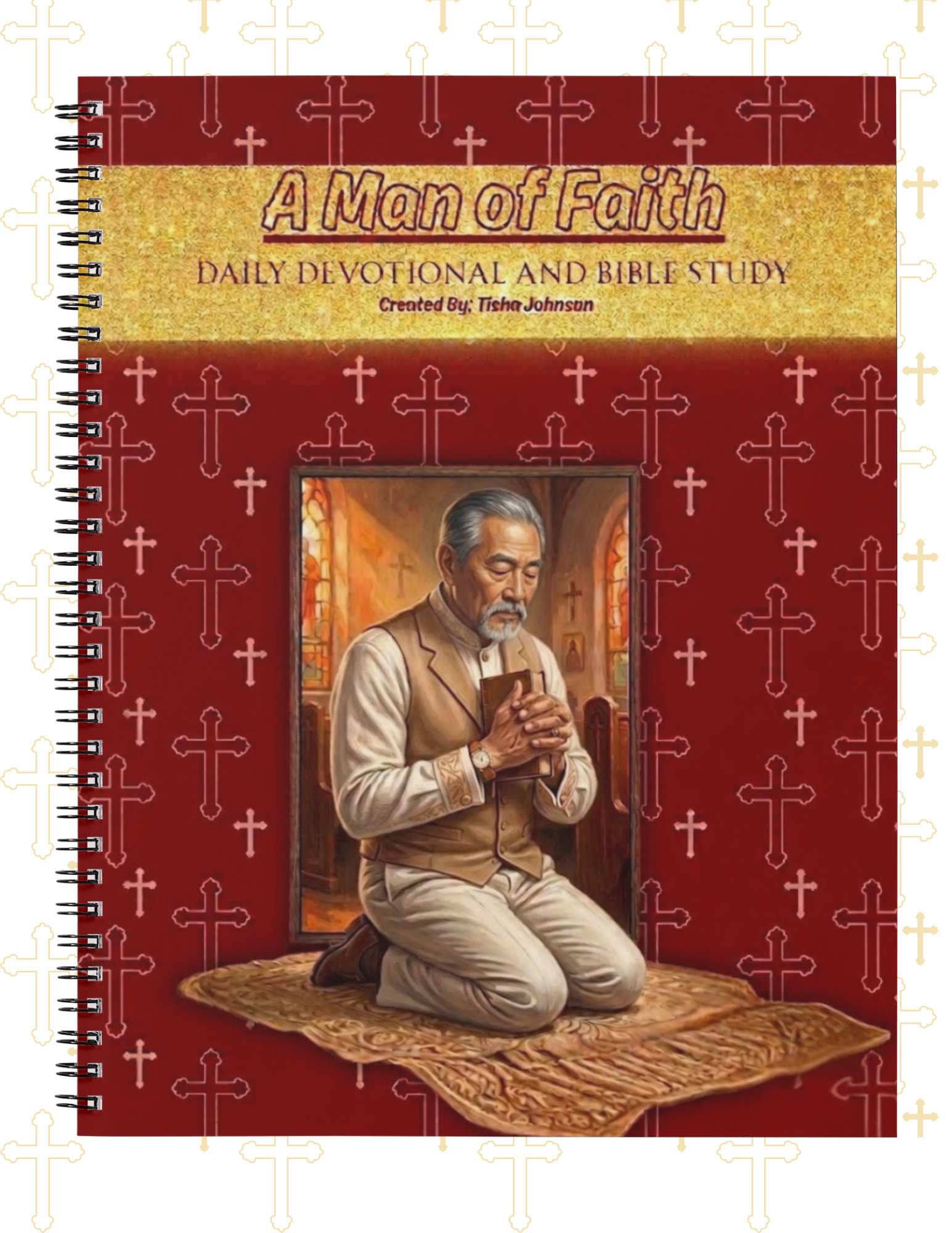 Book titled 'A Man of Faith' with a cover featuring a man praying on a red background with cross patterns.