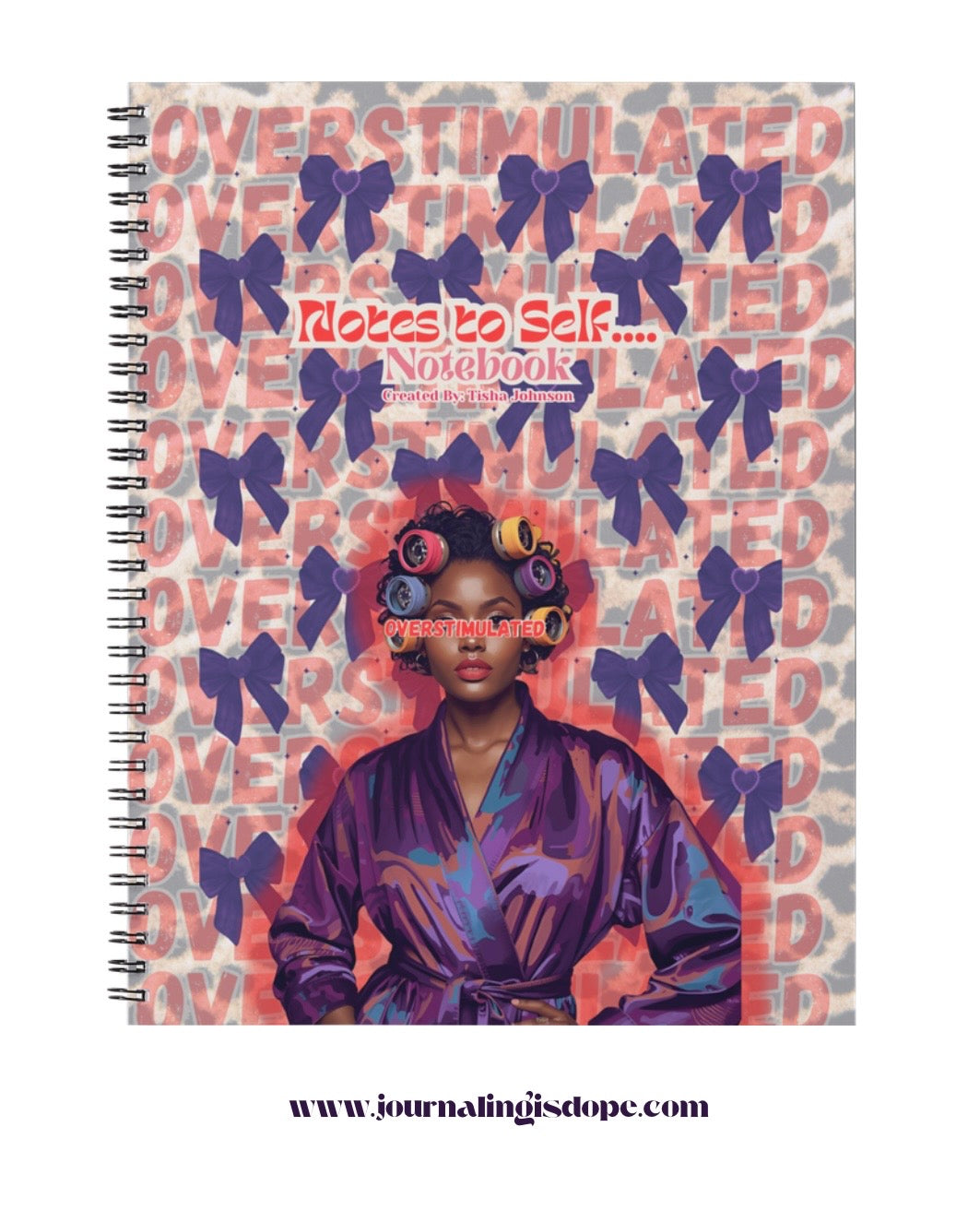 Notebook cover with a woman's portrait and decorative elements on a patterned background
