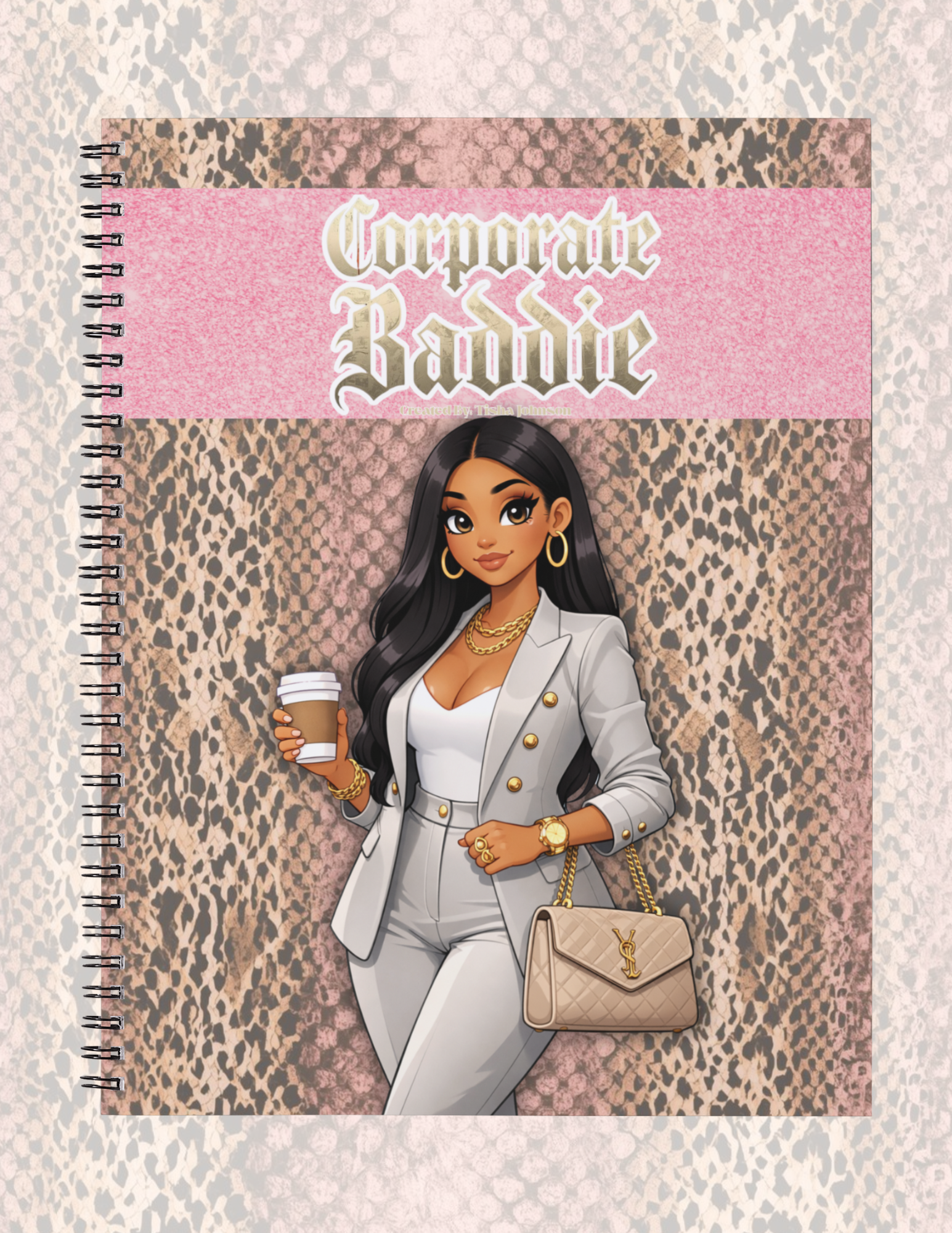 Notebook cover with an illustration of a woman holding a coffee cup, wearing a suit, and the text 'Corporate Baddie' on a pink and leopard print background.