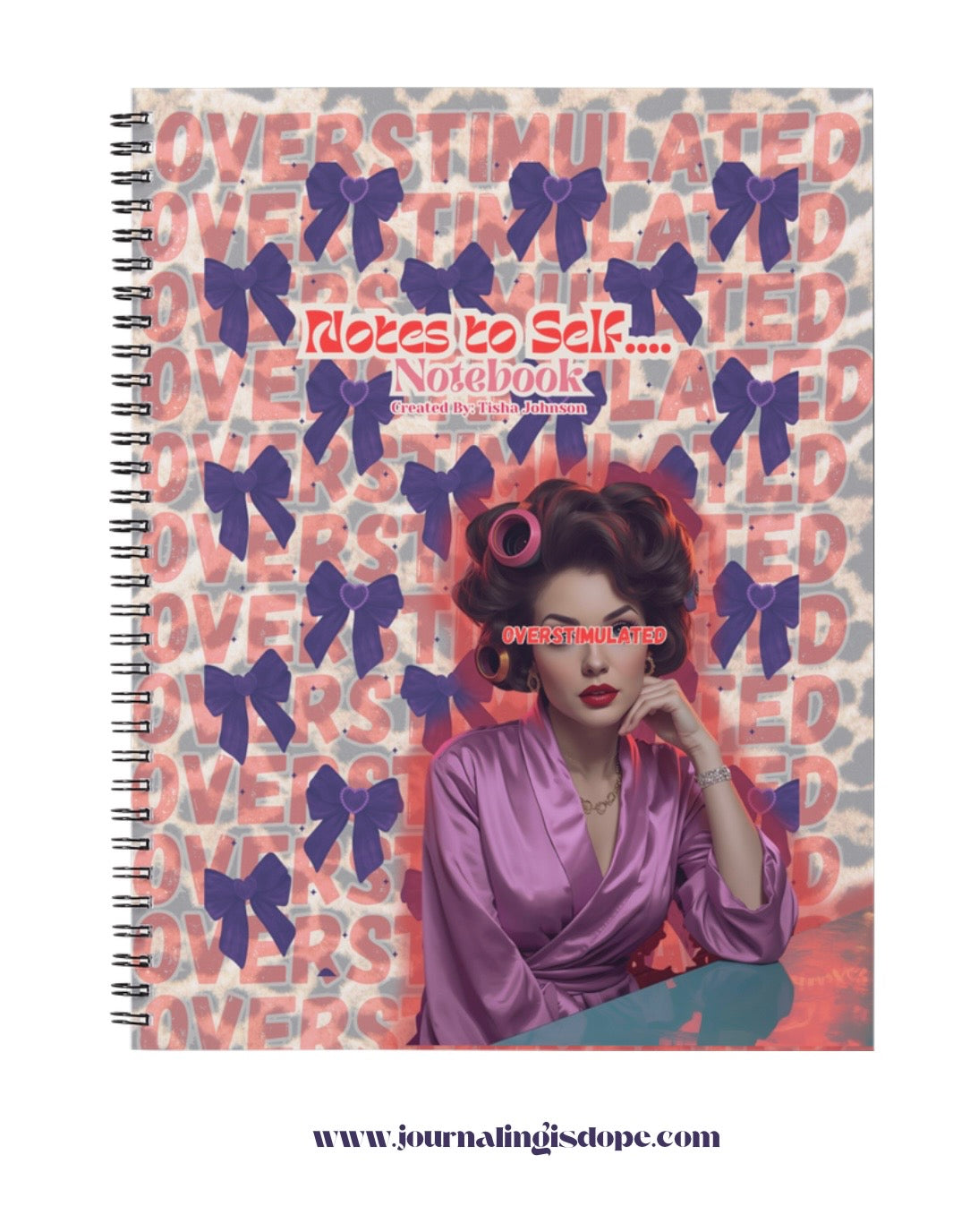 Notebook cover with a woman's portrait and text design, featuring the brand 'Journaling is Dope'.