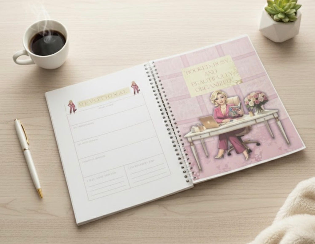 Open planner with illustrated pages on a desk with a cup of coffee and pen.
