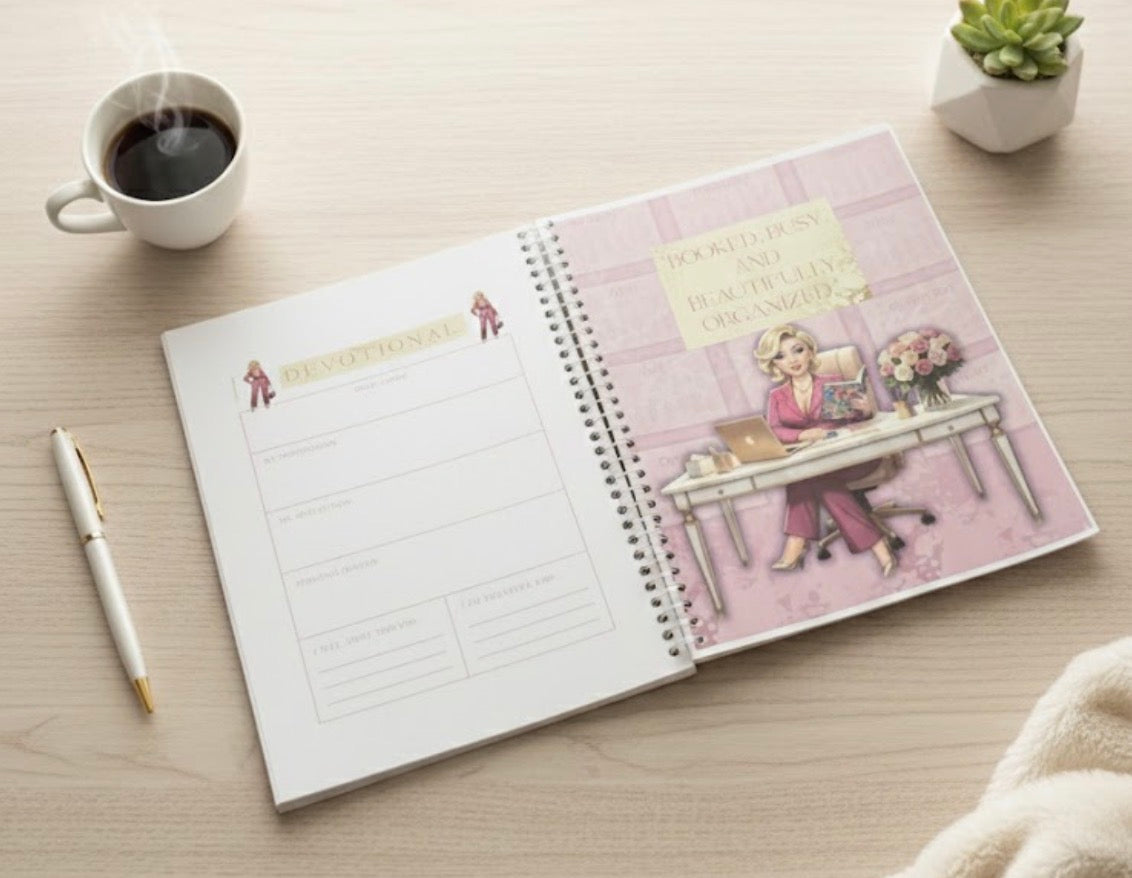 Open planner with illustrated pages on a desk with a cup of coffee and pen.