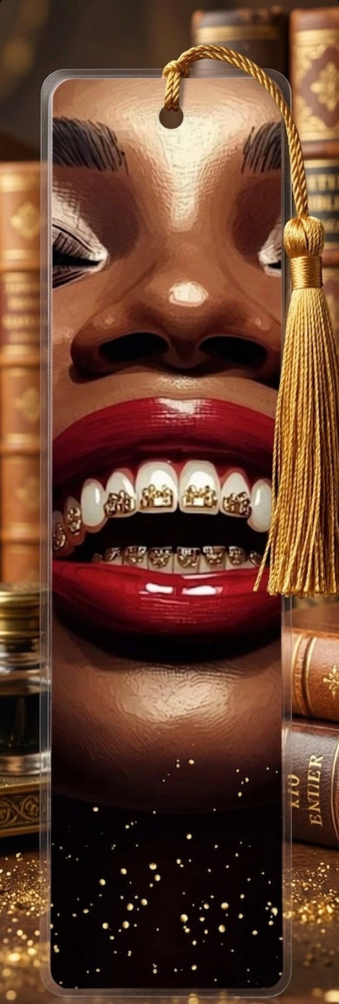 Bookmark of a Close-up of a person's mouth with gold braces on a decorative background 