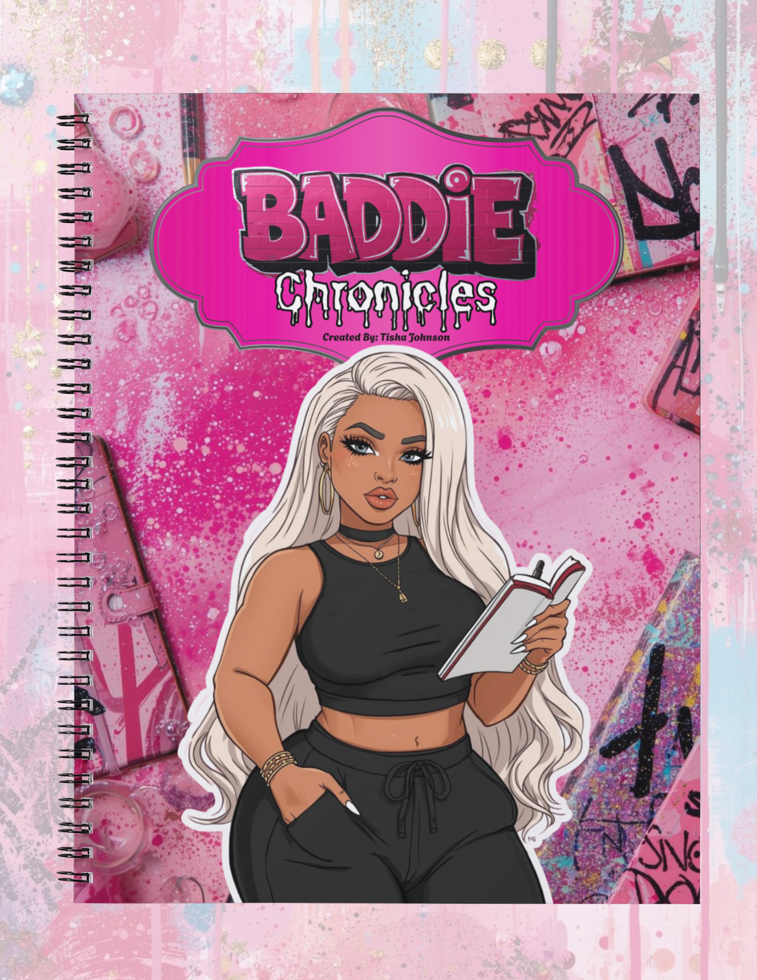Notebook cover with an illustration of a person with white hair and a black outfit, holding a book, on a pink background with 'Baddie Chronicles' text.