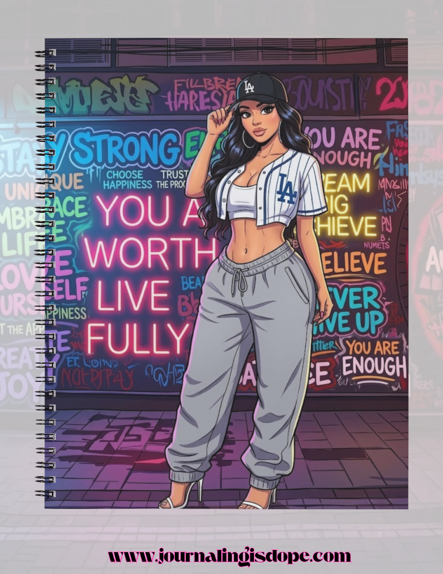 Notebook cover with an illustration of a woman in a sports jersey and gray pants, standing in front of a colorful wall with motivational phrases.