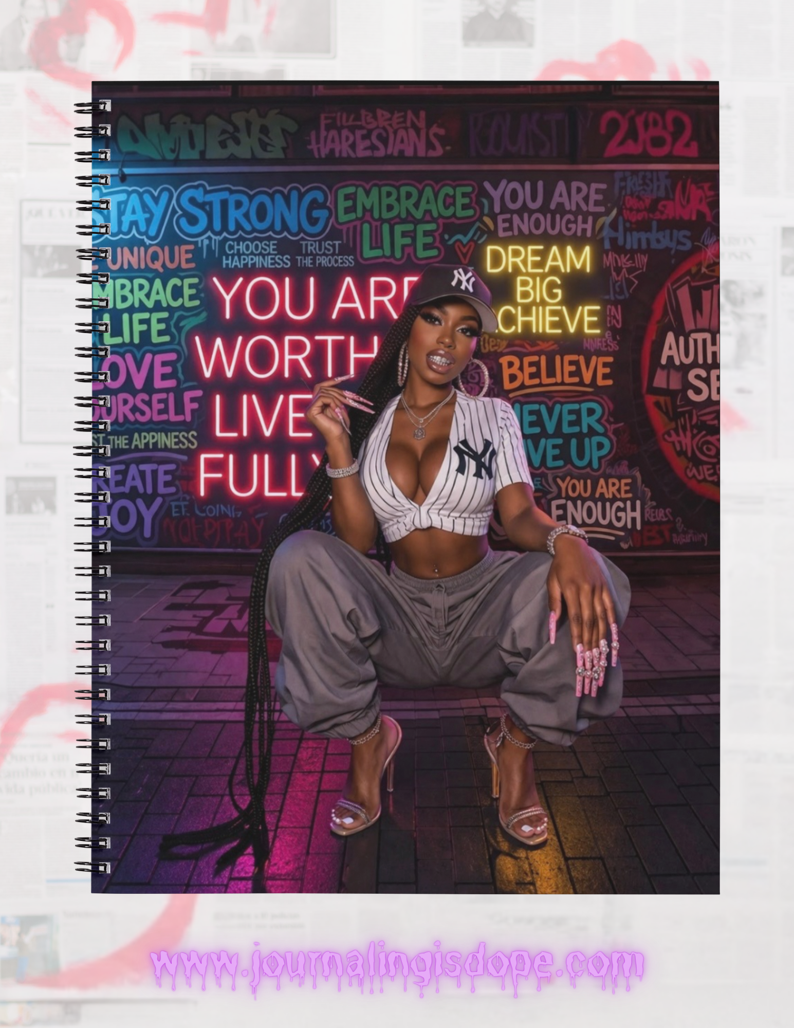Spiral-bound notebook with motivational text and a person sitting on a stool in front of a colorful wall.
