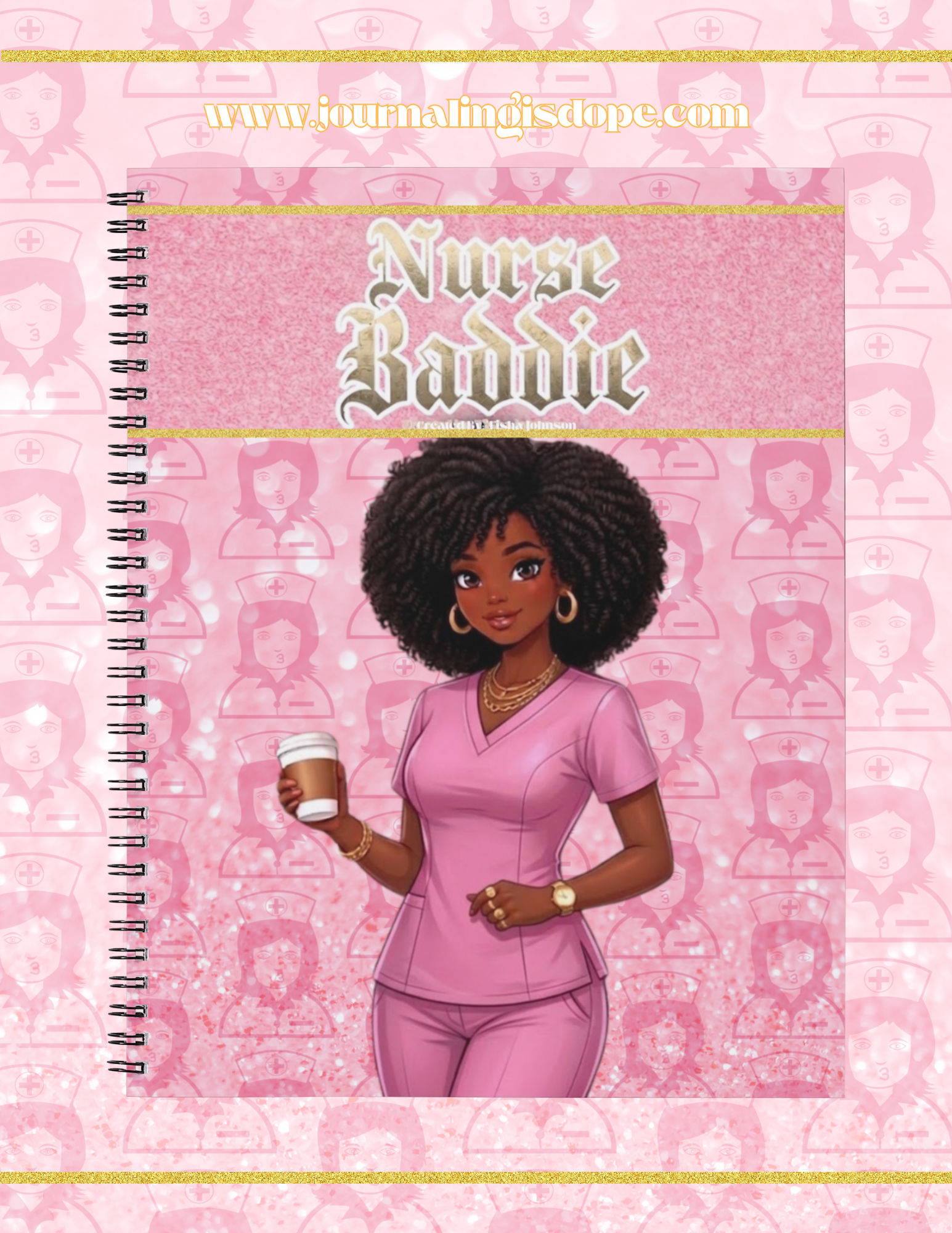 Notebook with illustration of a nurse holding a coffee cup on a pink background with heart patterns.