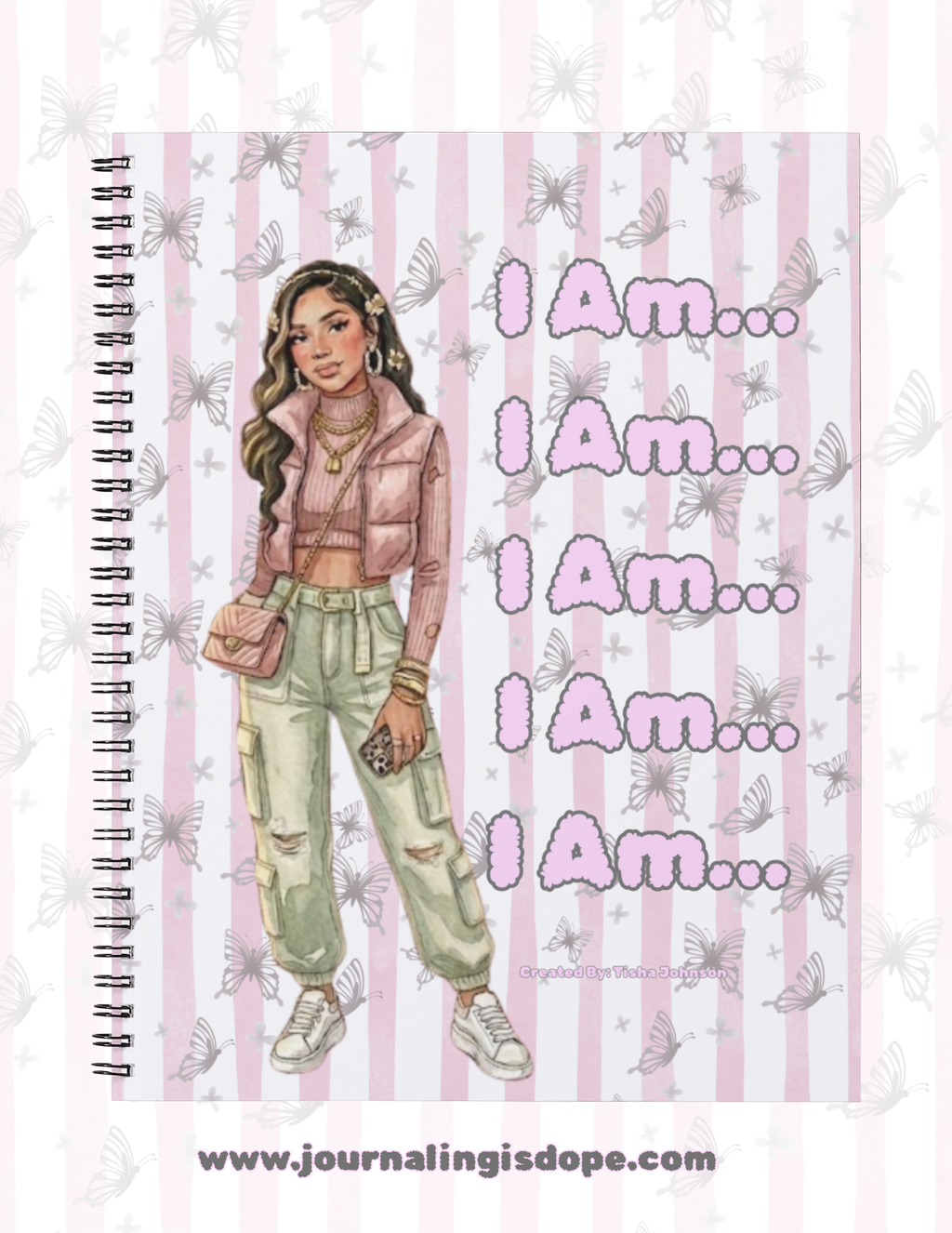 Notebook cover with a person illustration and 'I Am...' text on a striped background