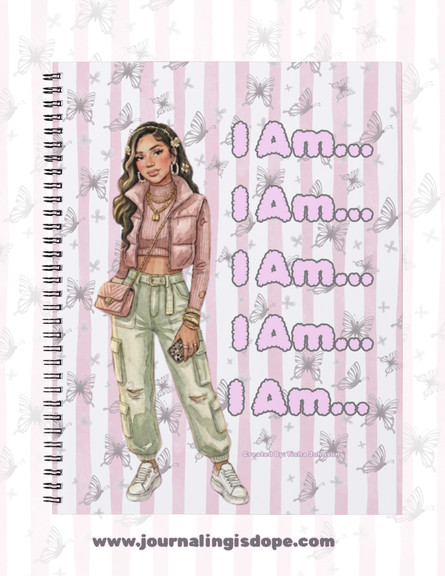Notebook cover with a person illustration and 'I Am...' text on a striped background