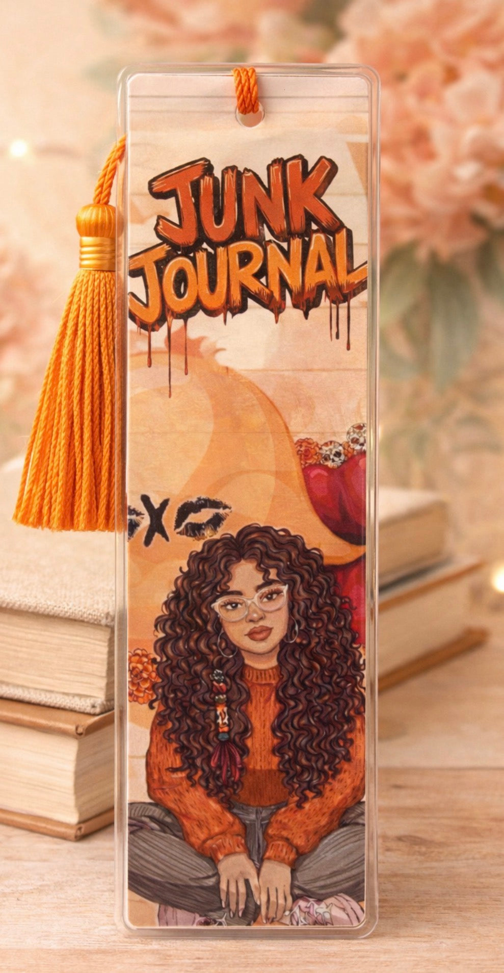 Bookmark with illustration of a woman and 'Junk Journal' text, featuring a tassel.
