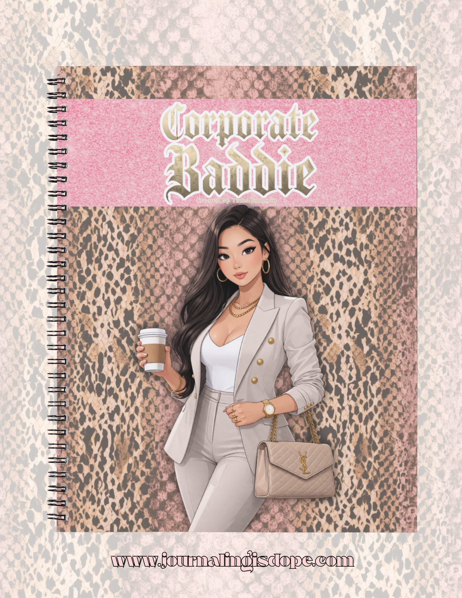 Notebook cover with illustration of a woman in a suit and coffee cup, titled 'Corporate Baddie'.