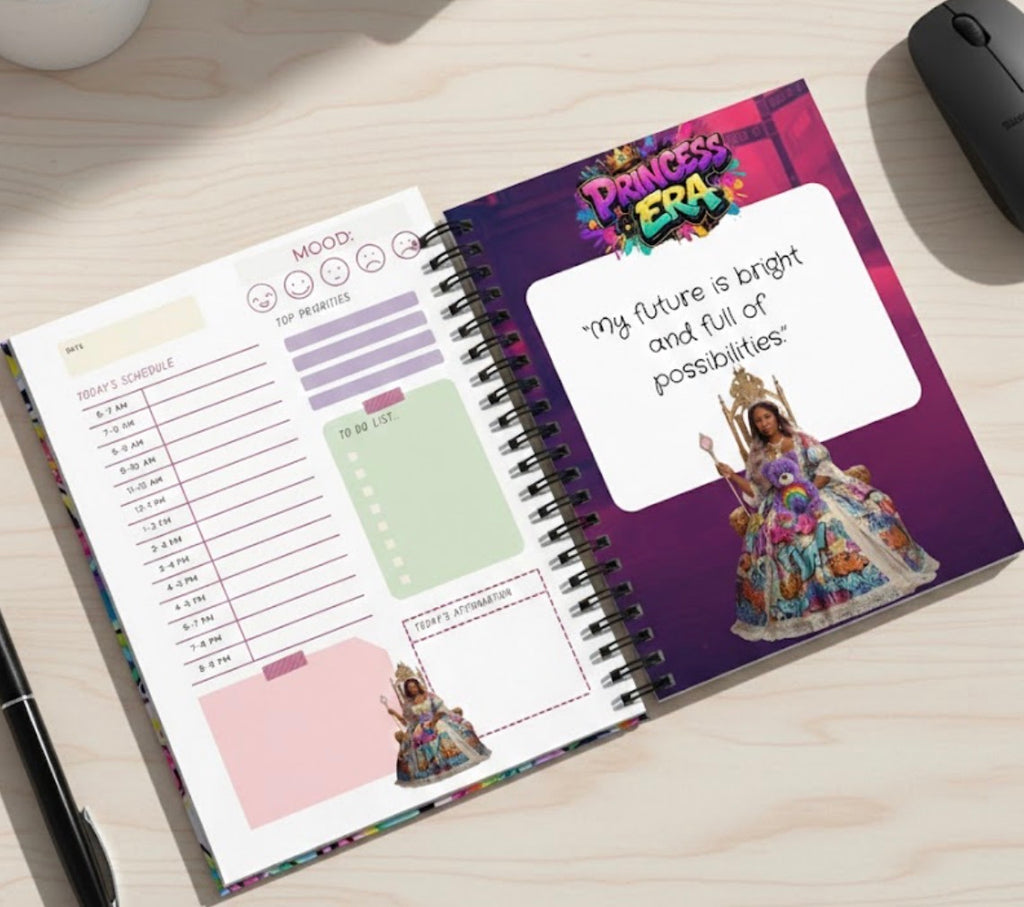 Open planner with decorative pages featuring a character and motivational quote on a desk.