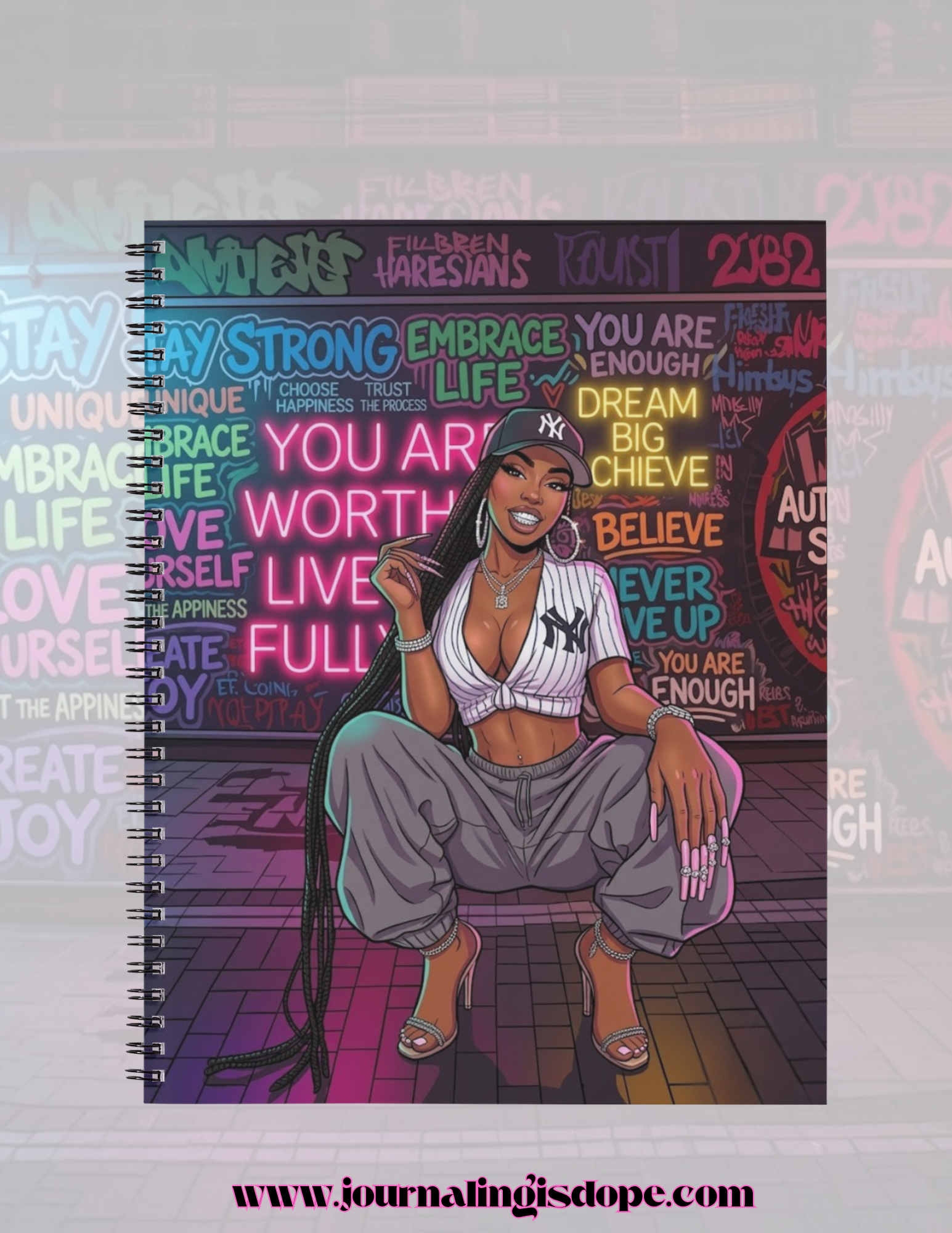 Notebook cover with an illustration of a woman and motivational phrases on a colorful background.