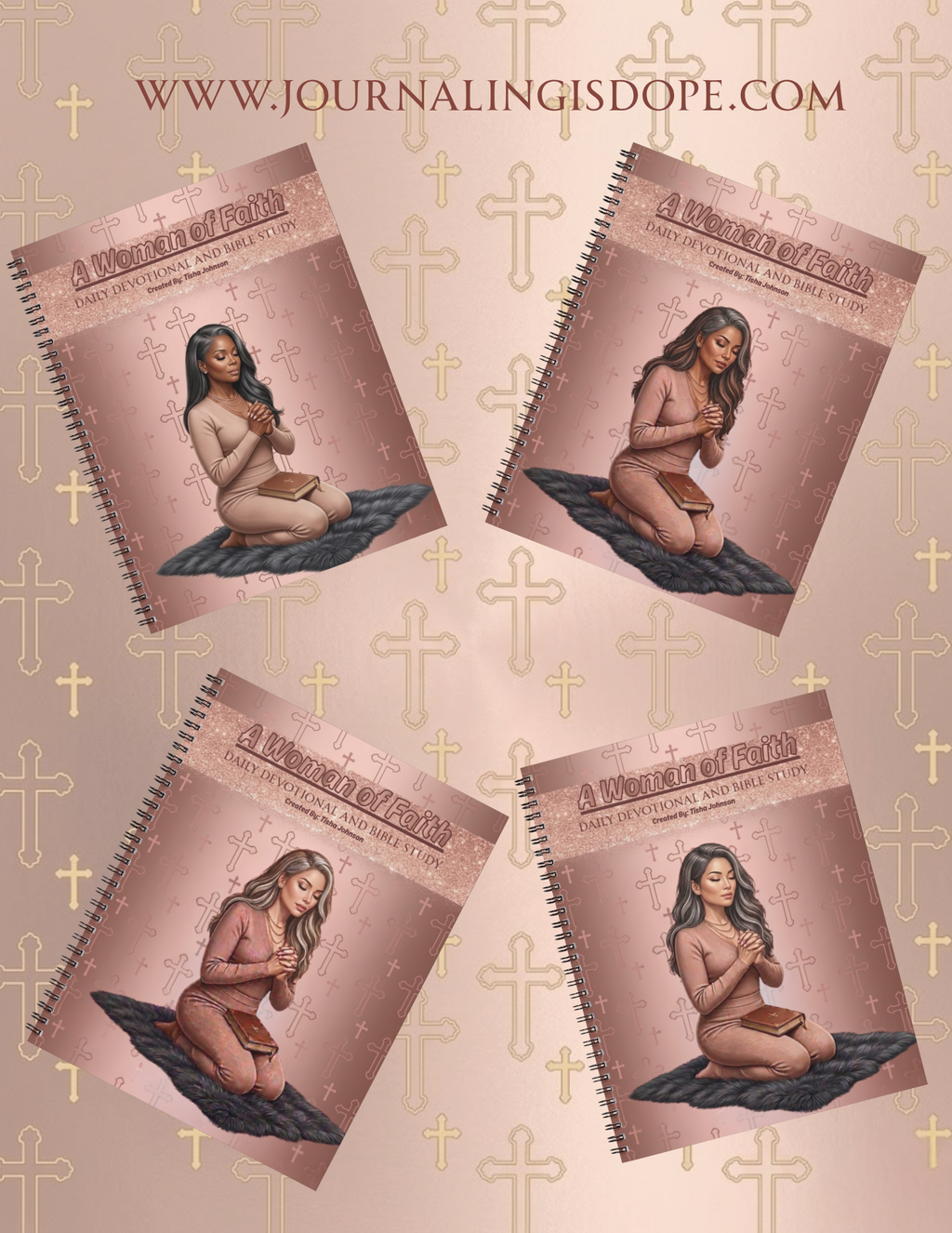 Four spiral-bound journals with a common design on a background with cross patterns and text.