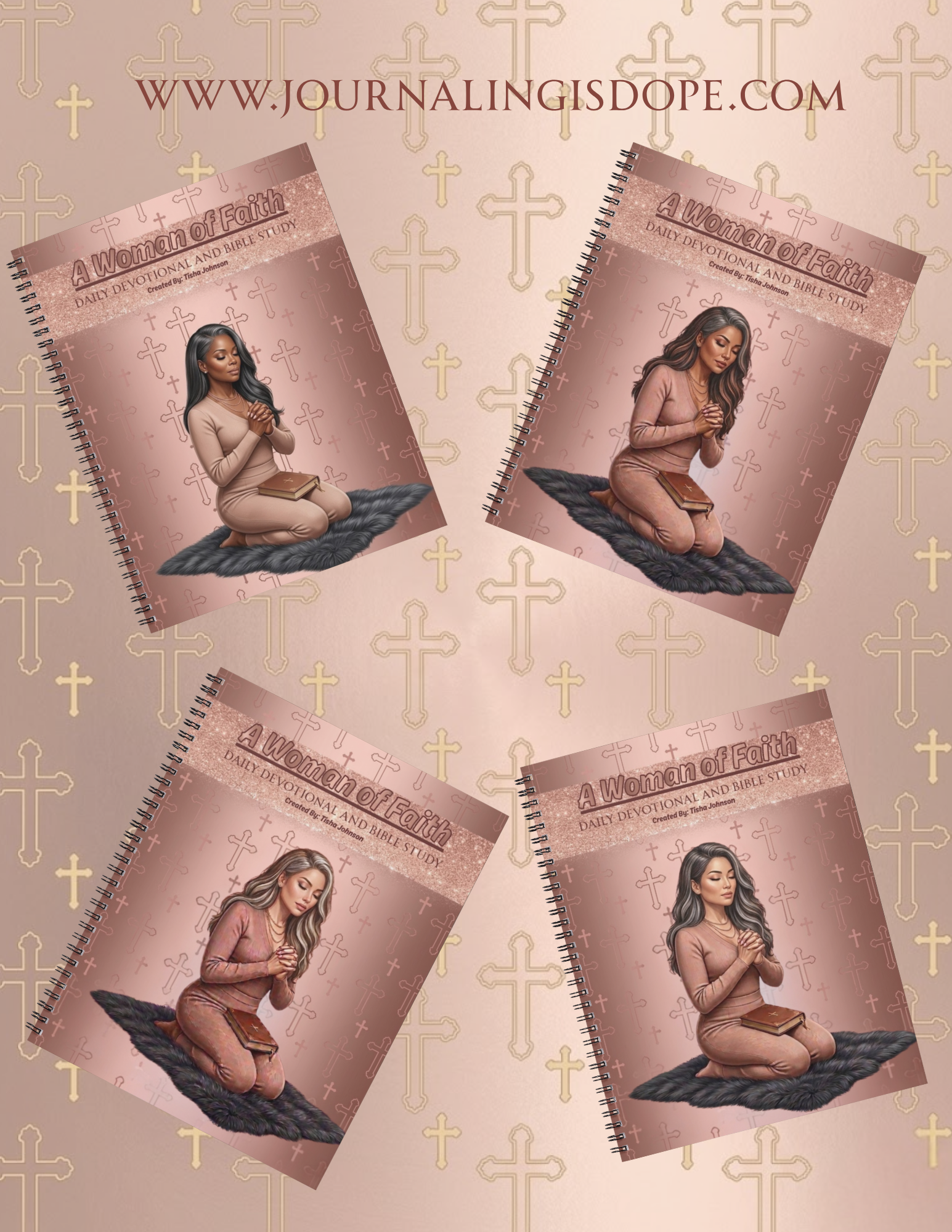 Four spiral-bound journals with a common design on a background with cross patterns and text.
