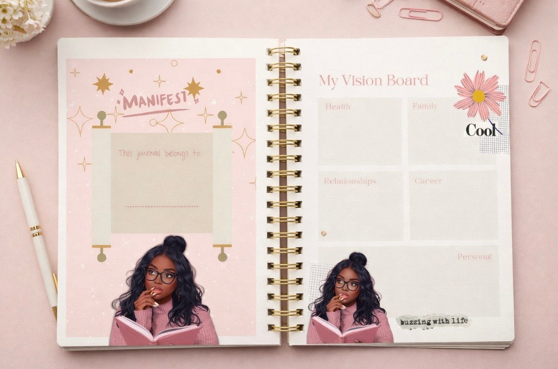 Open journal with a woman's portrait on a pink background