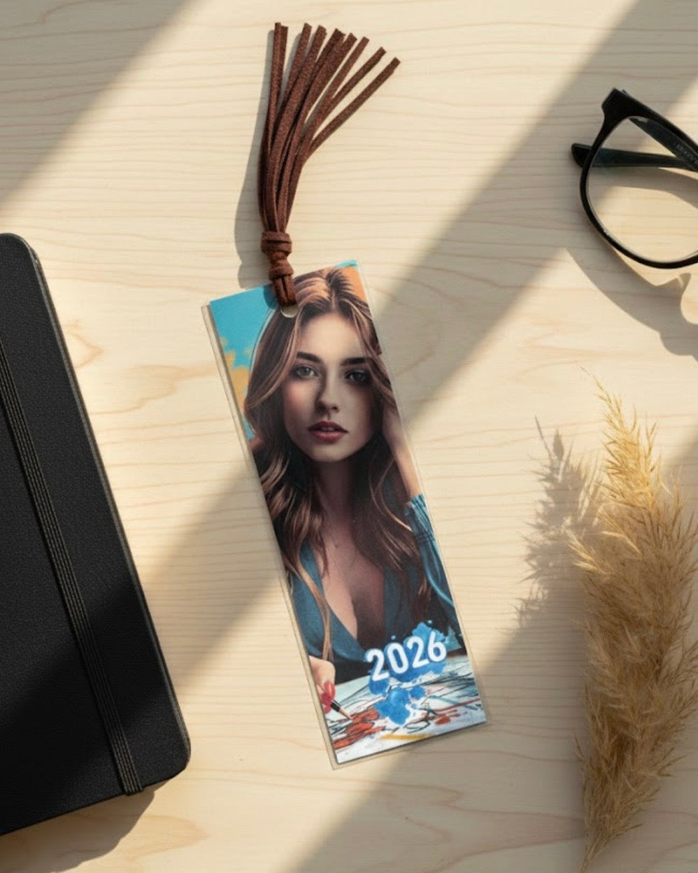Bookmark with a tassel on a wooden surface next to a black case and glasses.
