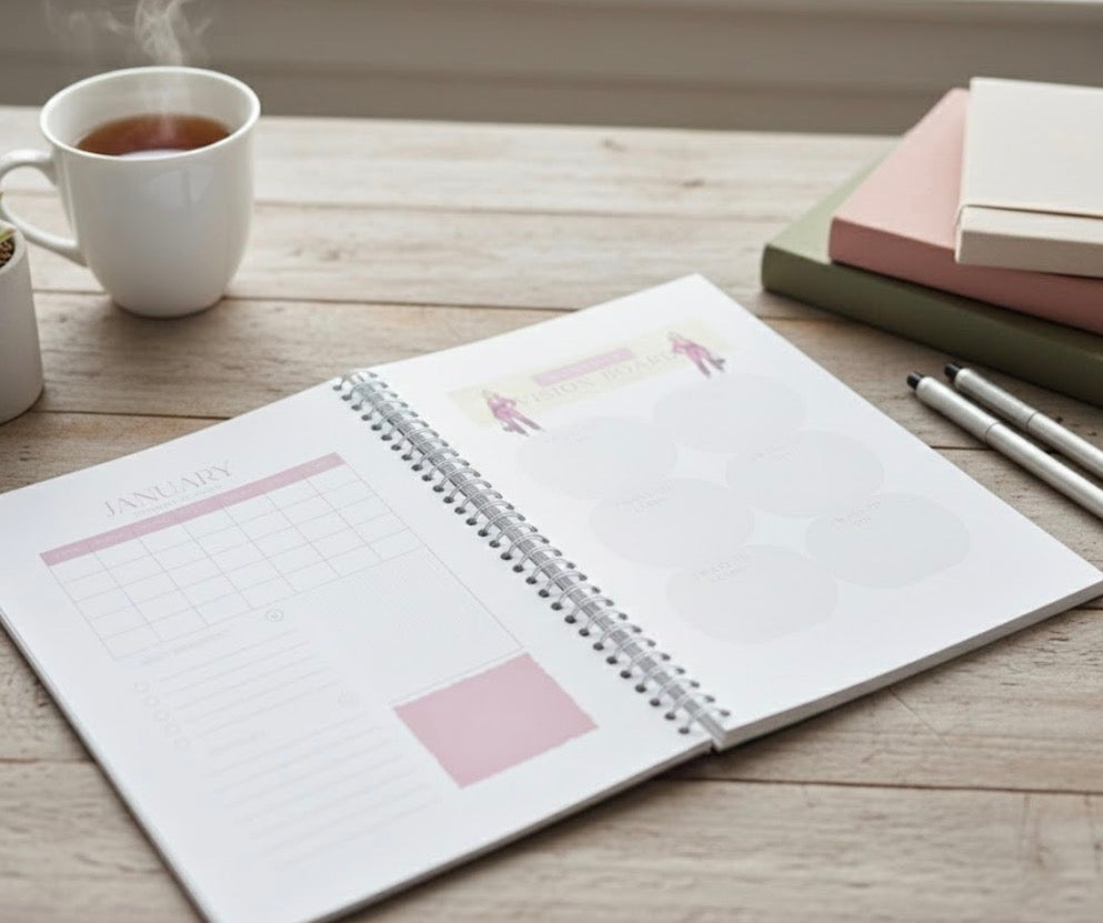Open planner on a wooden table with a cup of tea and books in the background