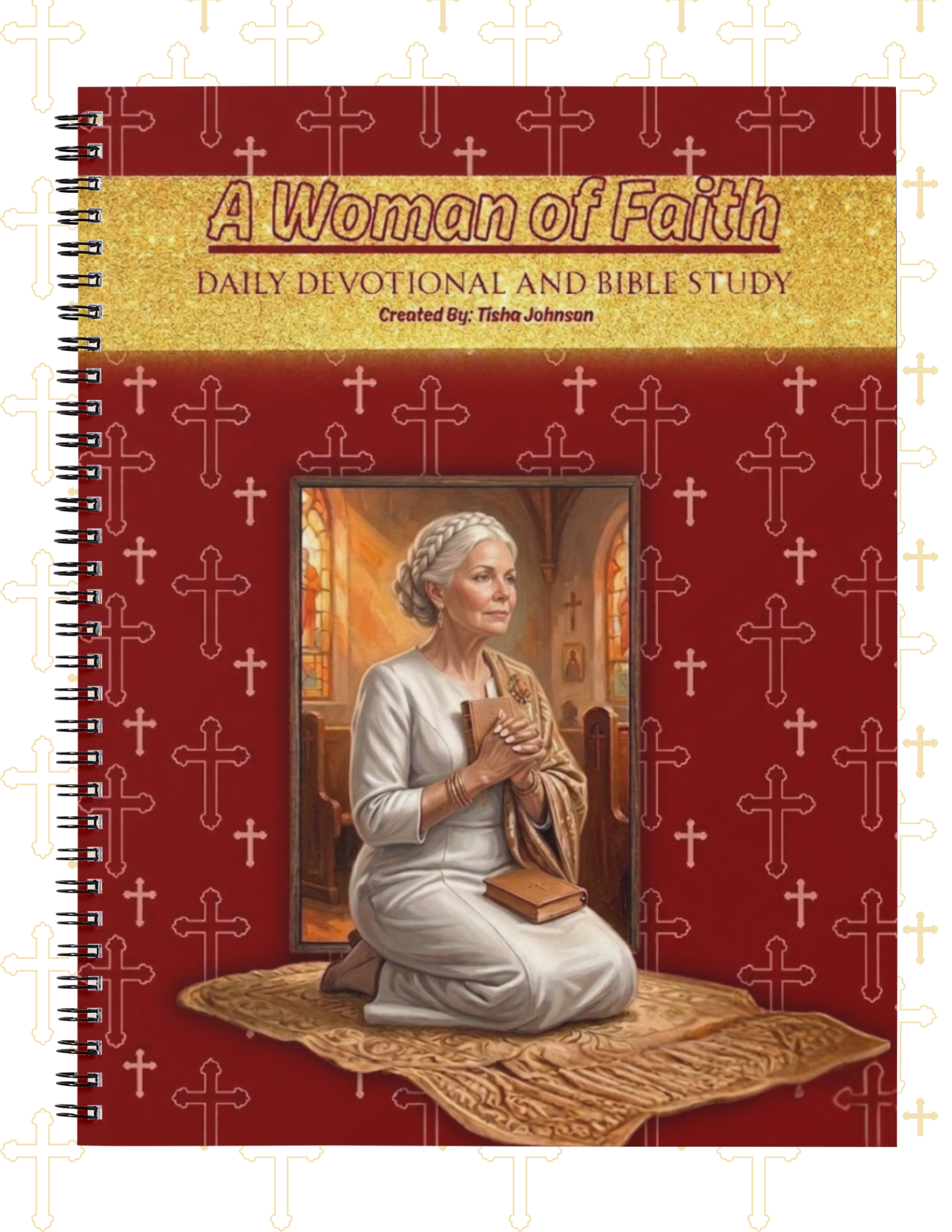 Book titled 'A Woman of Faith' with a cover featuring an illustration of a woman praying on a red background with cross patterns.